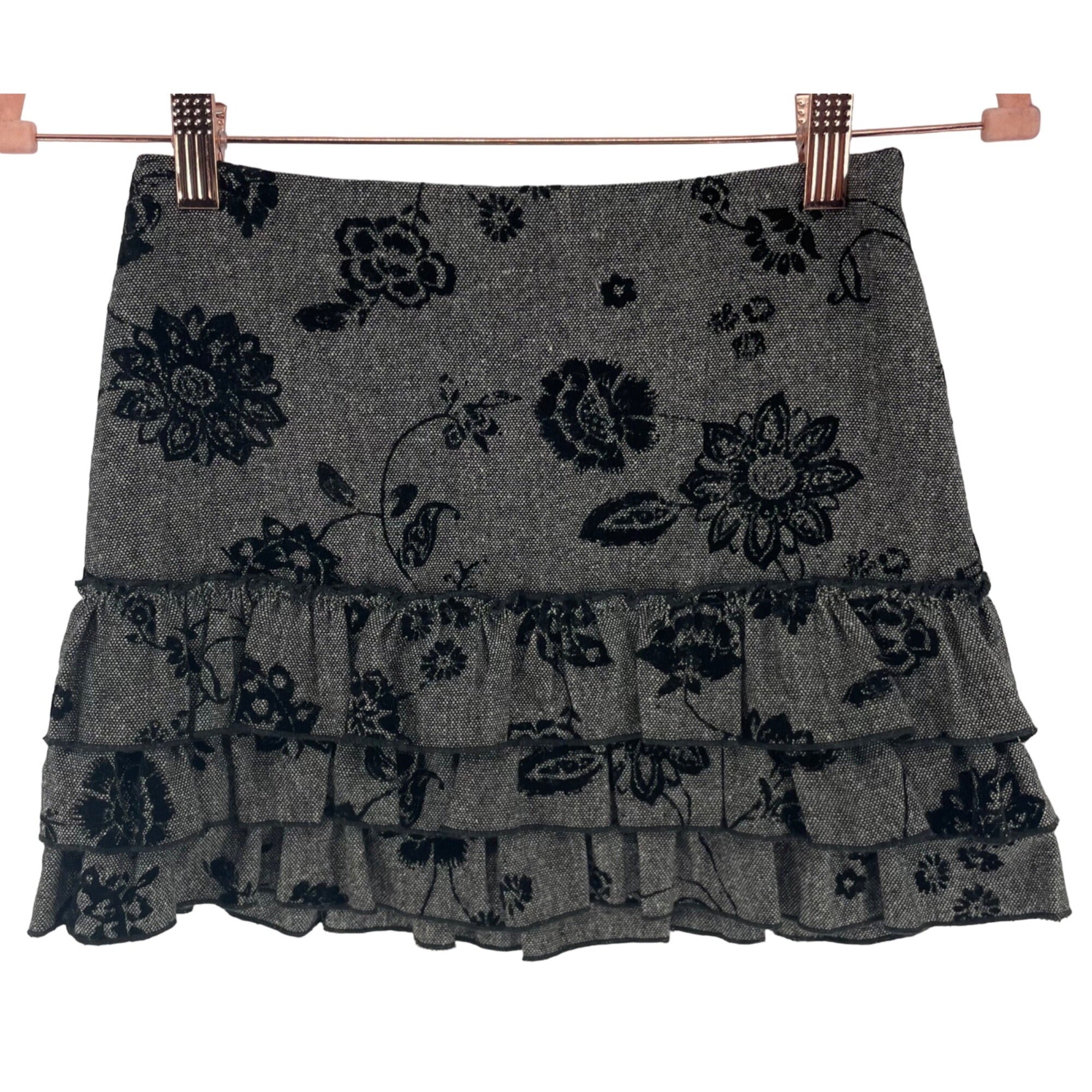 Monkey Wear Girl's Size 10 Grey & Black Floral Print Tweed Ruffle Hem Mini Skirt