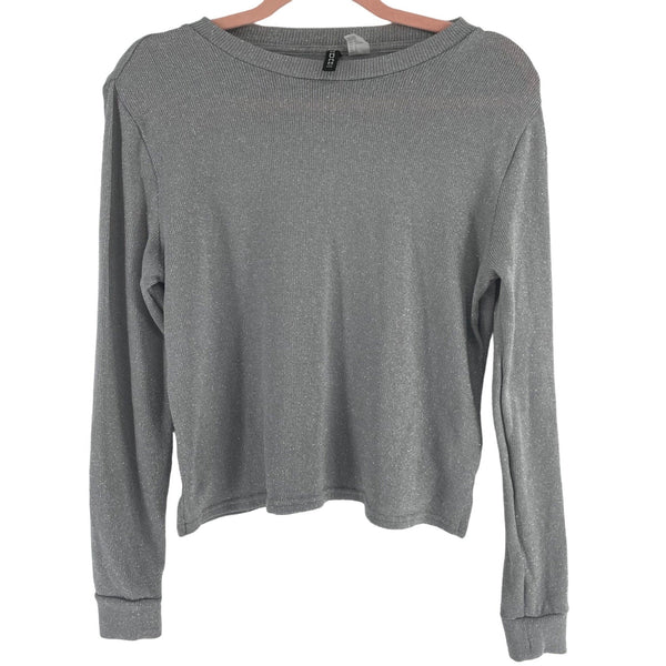 Express Women's Size Small Grey & Silver Sparkly Long-Sleeved Stretchy Top