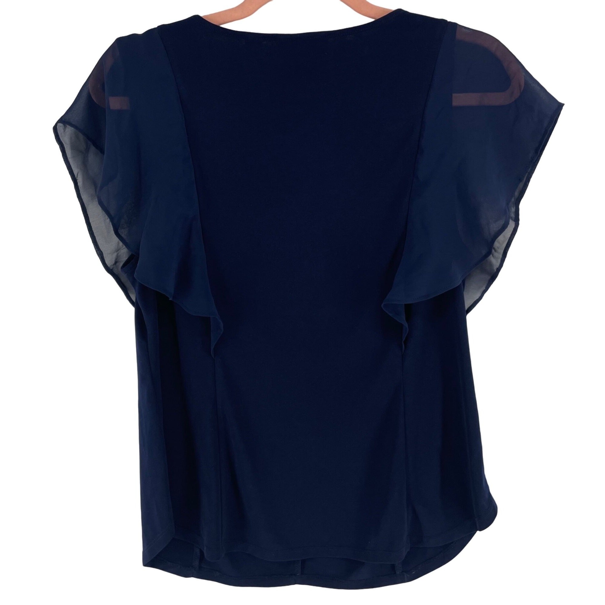 NY & Company Women's Size Small Navy Sheer Ruffle Sleeve V-Neck Top