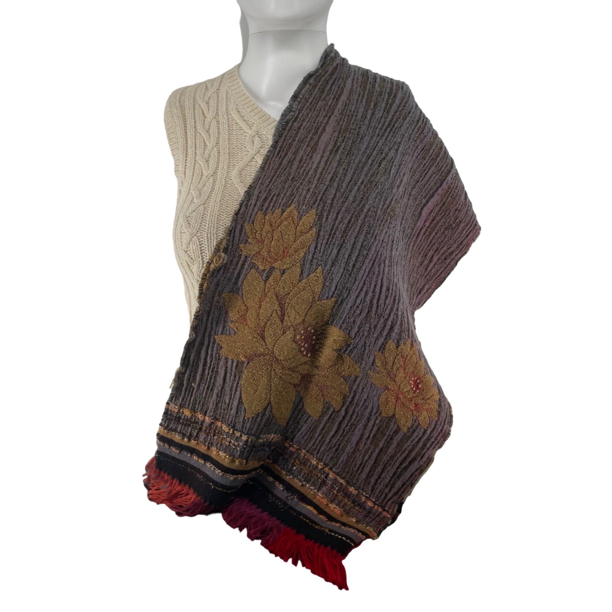 Women's Floral Embroidered Multi-Colored Scarf W/ Tassel Fringe