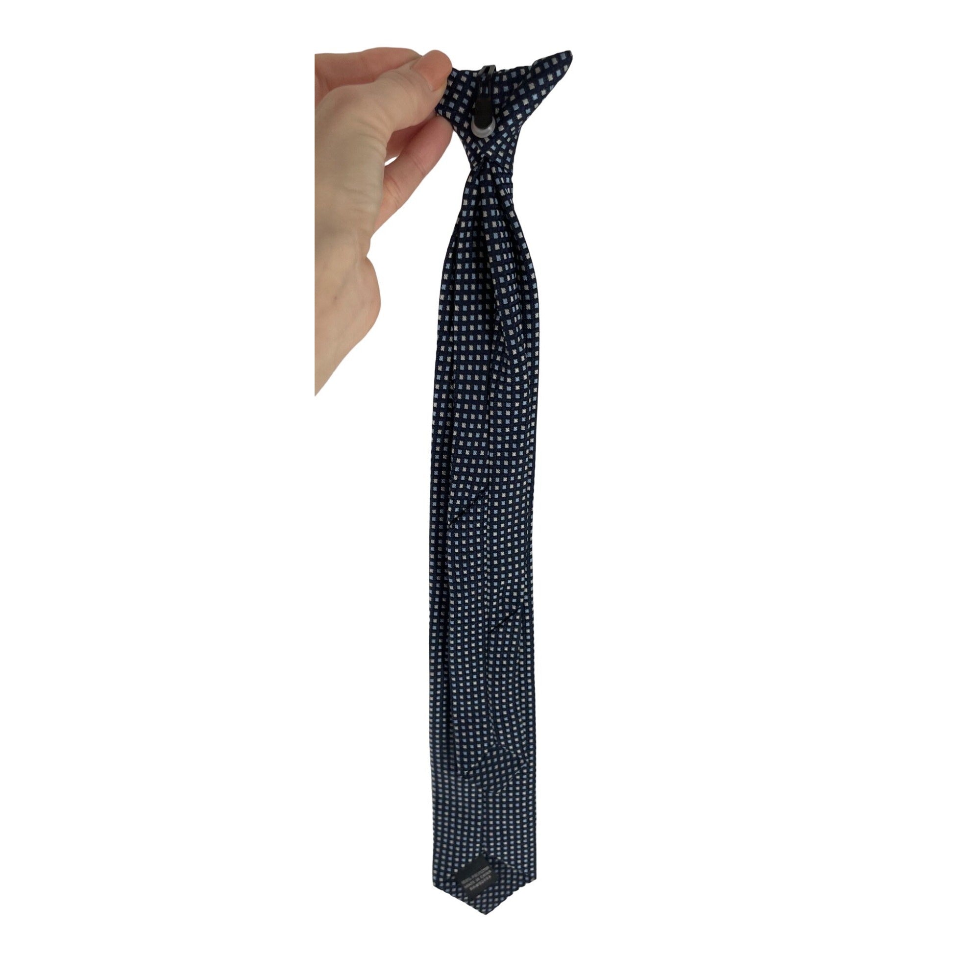 Men's Small Navy Clip-On Dress Tie W/ Silver and Light Blue Squares