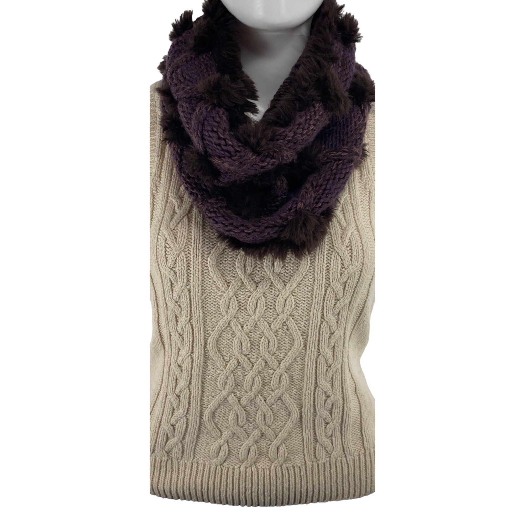 LOFT Women's Purple Knit Infinity Loop Snood Scarf W/ Brown Faux Fur Trimming