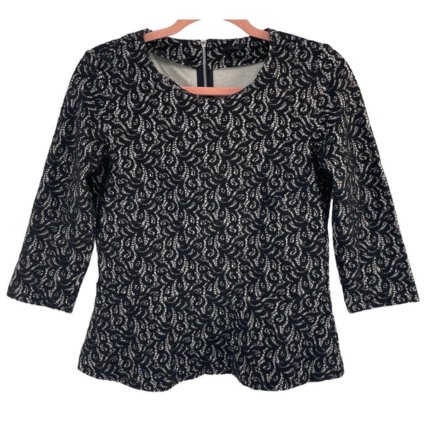 J. Crew Women's Size Small Black Lace 3/4 Quarter Length Sleeve Peplum Top