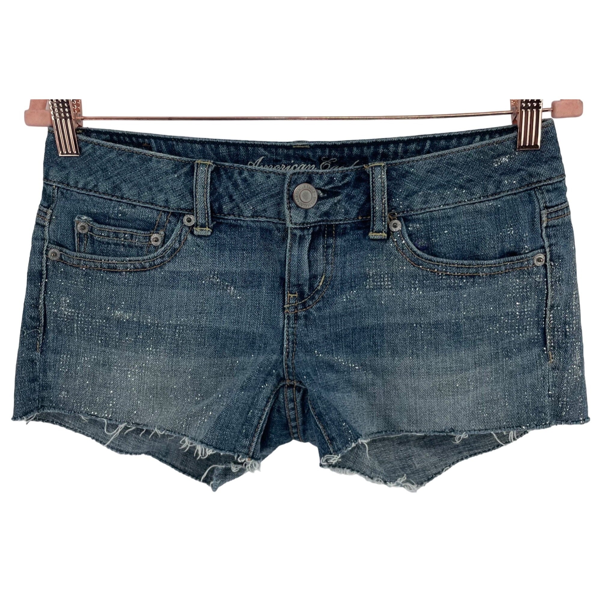 American Eagle Women's Size 0 Sparkly Blue Jean Denim Rip-Off Shorts