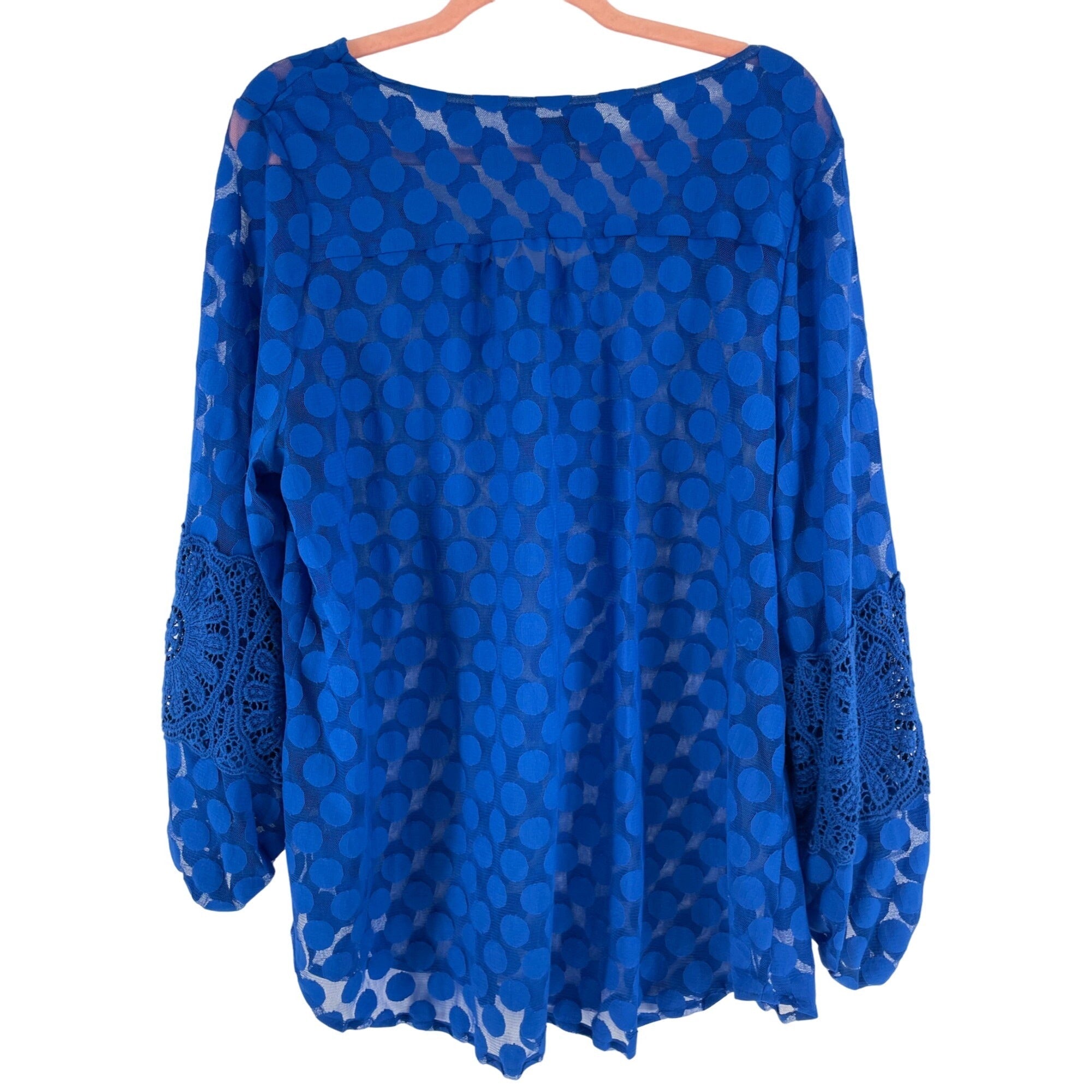 Alfani Women's 1X Cobalt Blue Sheer Polka Dot Top W/ Lace Sleeve