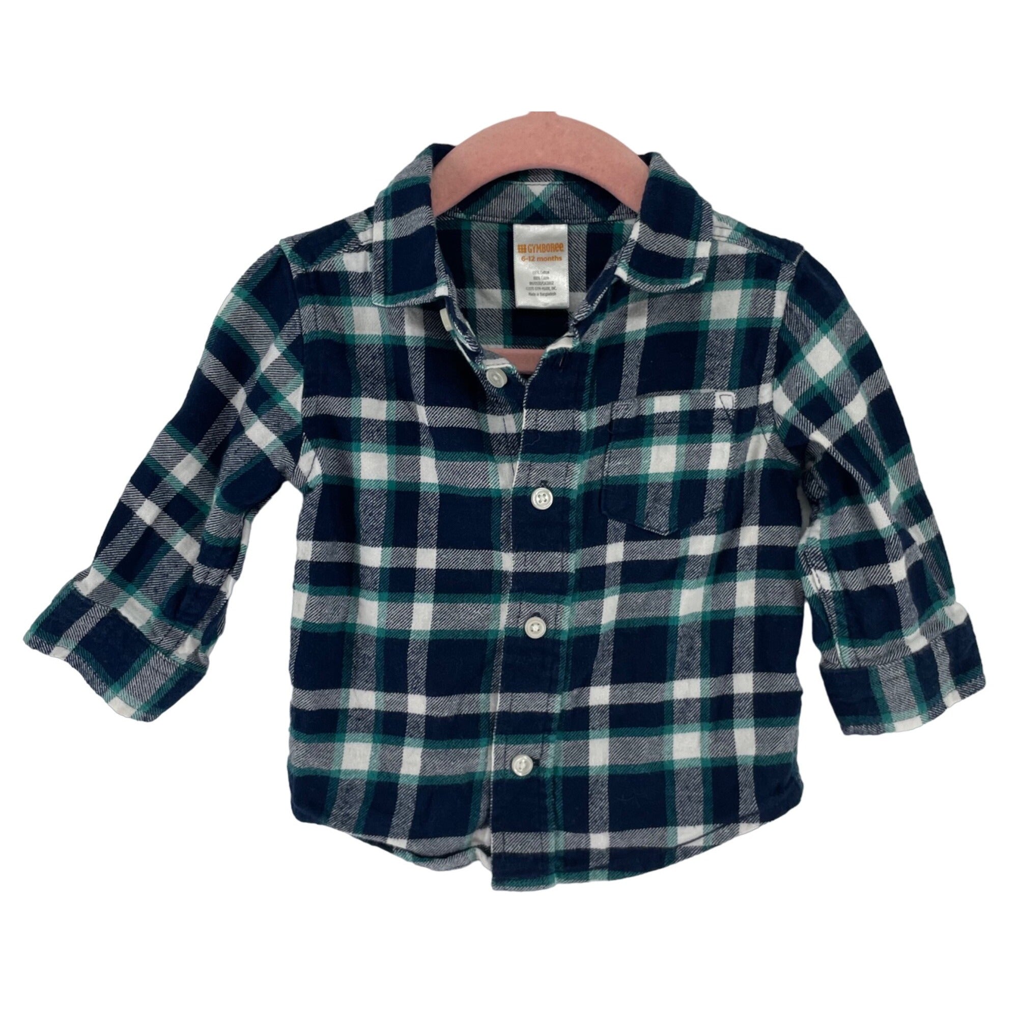 Gymboree Boy's Size 6-12 Months Navy/White & Green Plaid Flannel Shirt