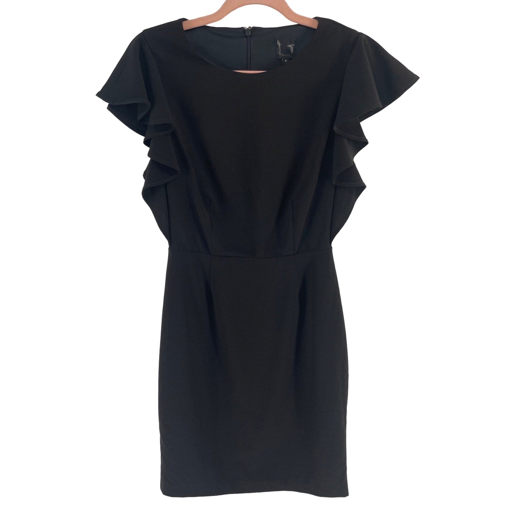 Women's Size 8 Black Shift Dress W/ Ruffle Sleeves