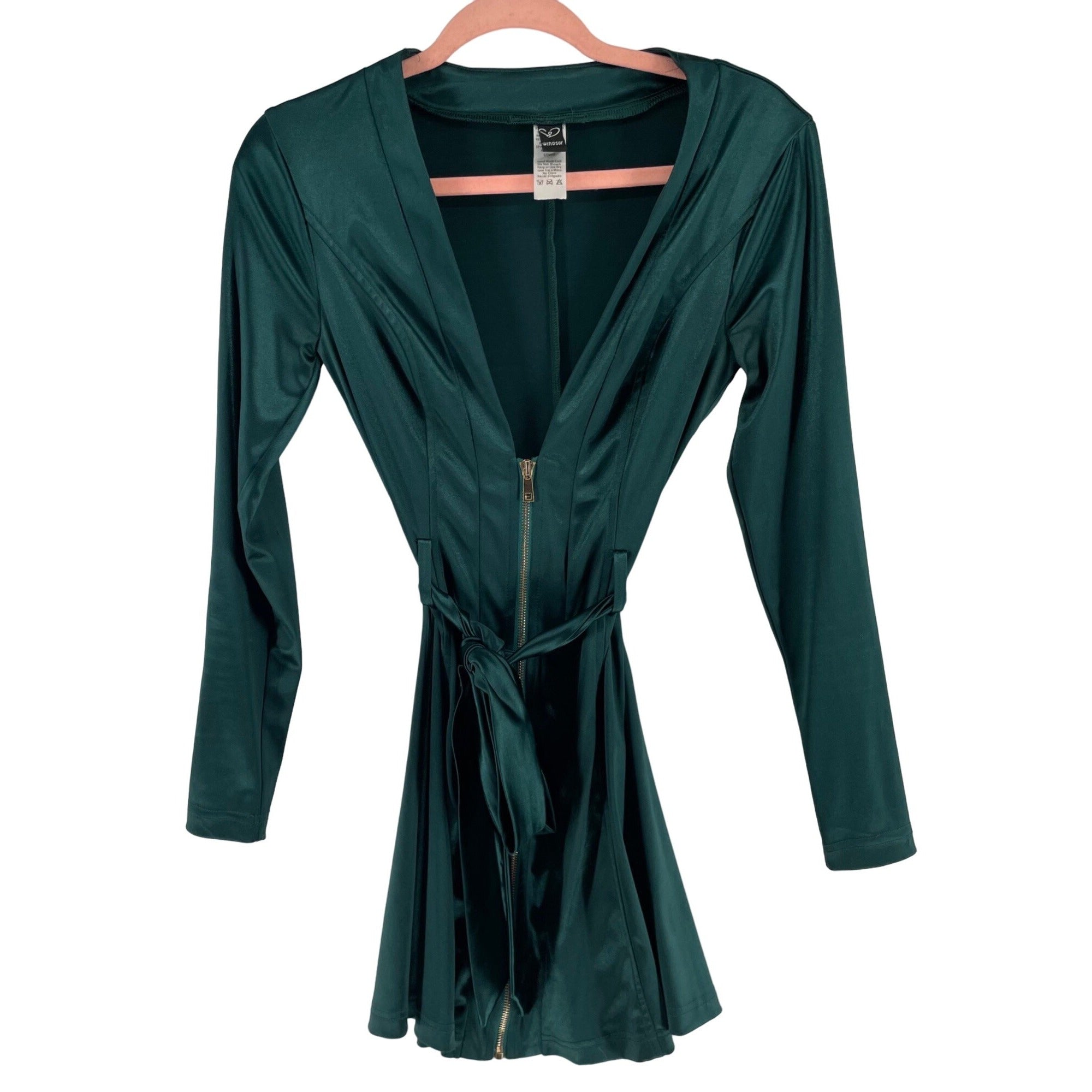 Windsor Women's Size Small Emerald Green Deep V-Neck Zip-Up Satin Party W/ Sash