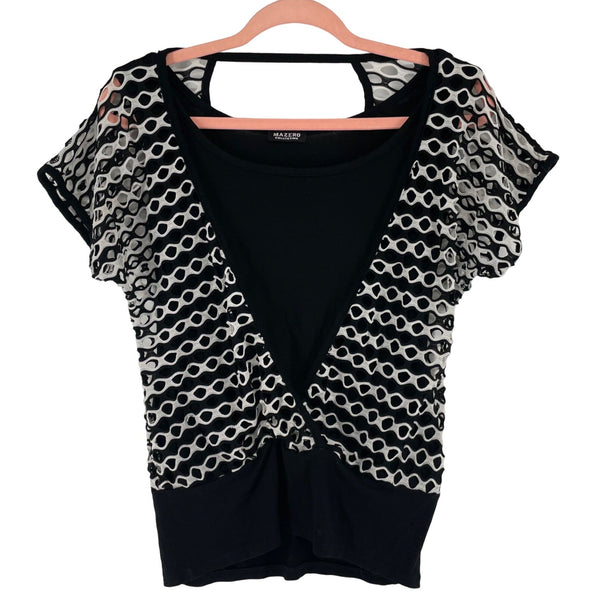 Mazero Collection Women's Size Medium Black & White Mesh Overlay Short-Sleeved Top