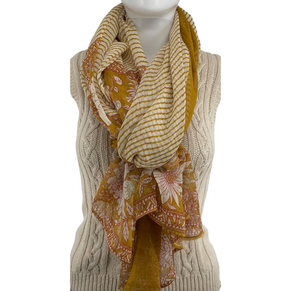 Women's Mustard Yellow, White & Green Sheer Floral & Striped Scarf