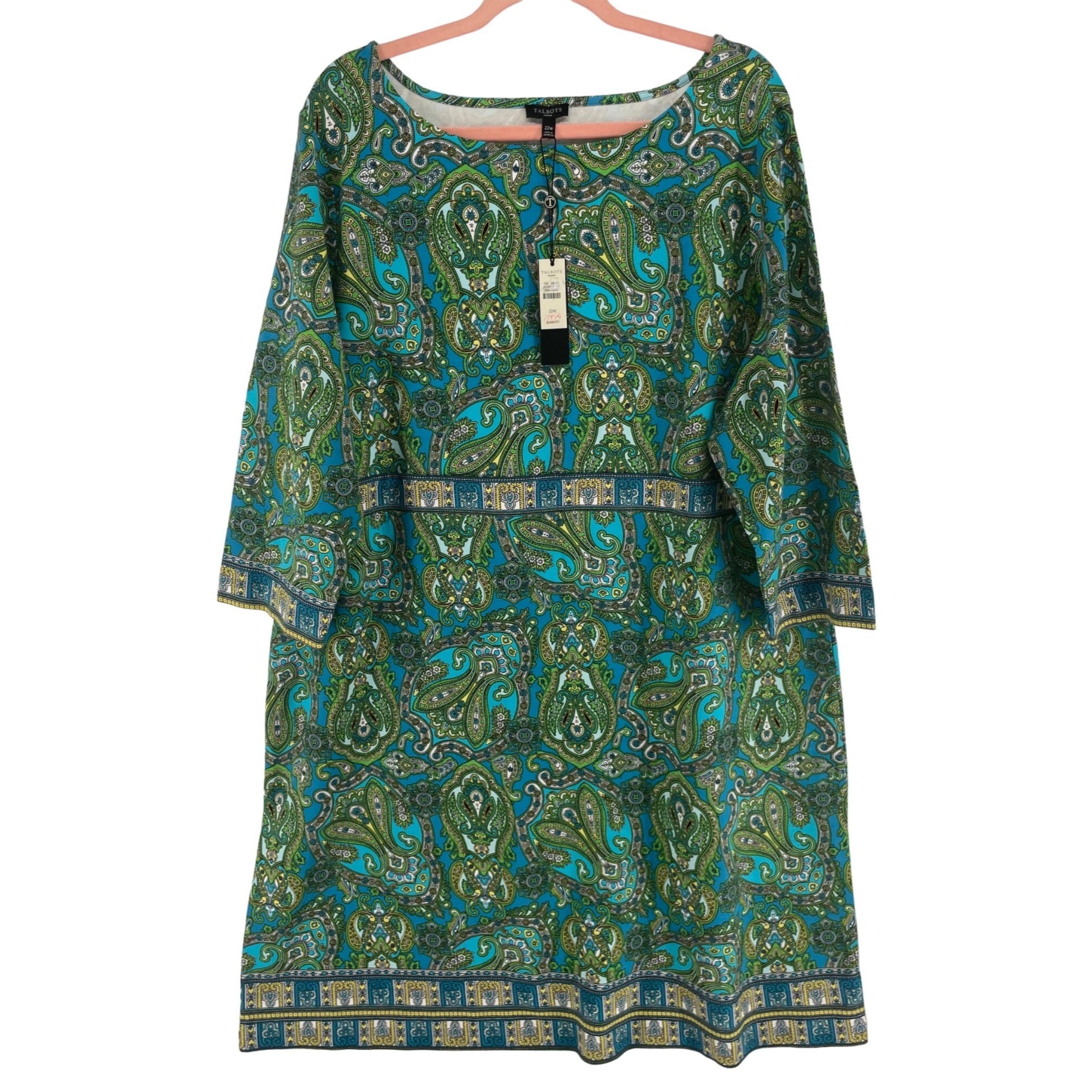 NWT Talbot's Women's Size 22W Teal/Green/White/Yellow Paisley Shift Dress