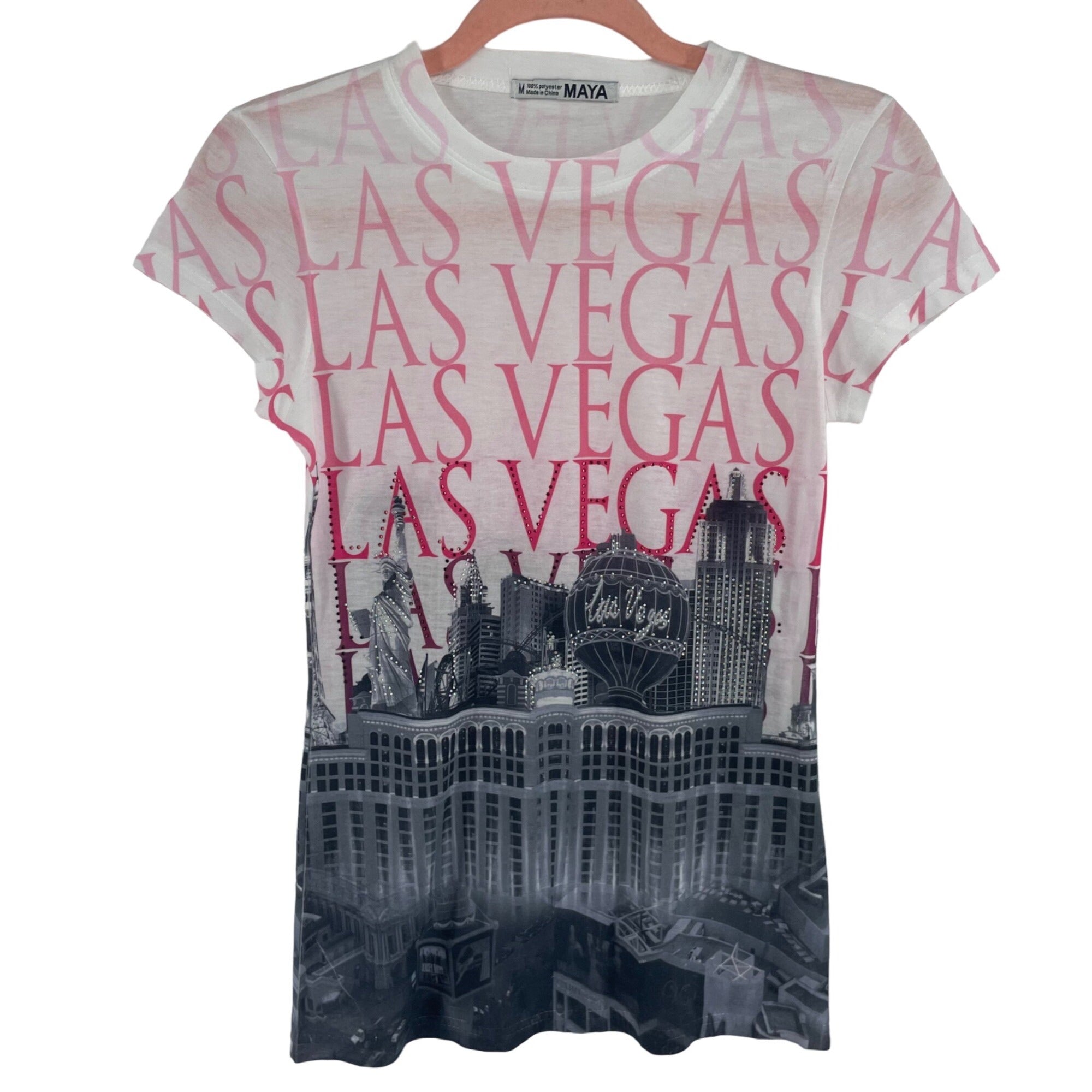 NWOT Maya Women's Size Medium Las Vegas Graphic Grey/White/Pink T-Shirt W/ Rhinestones