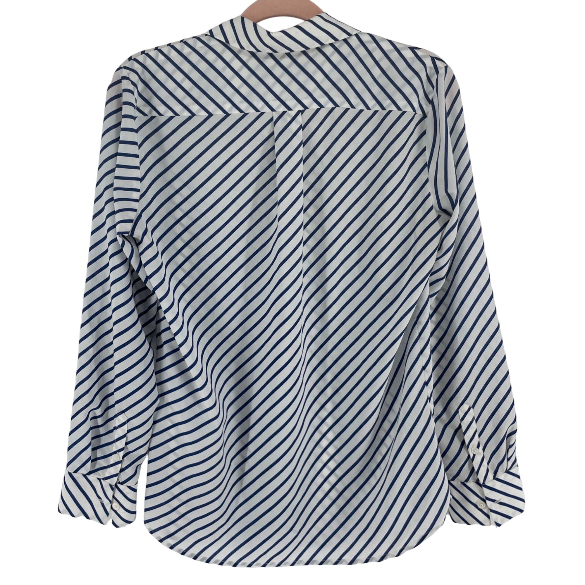 Banana Republic Women's Size Small White & Navy Blue Striped Long-Sleeved Button-Down Sheer Blouse