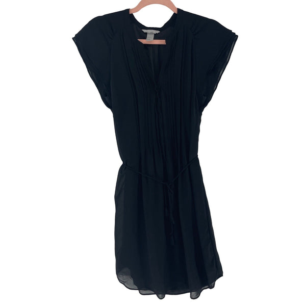 H&M Women's Size 10 Black Short-Sleeved Pleated Mini Dress W/ Waist Tie