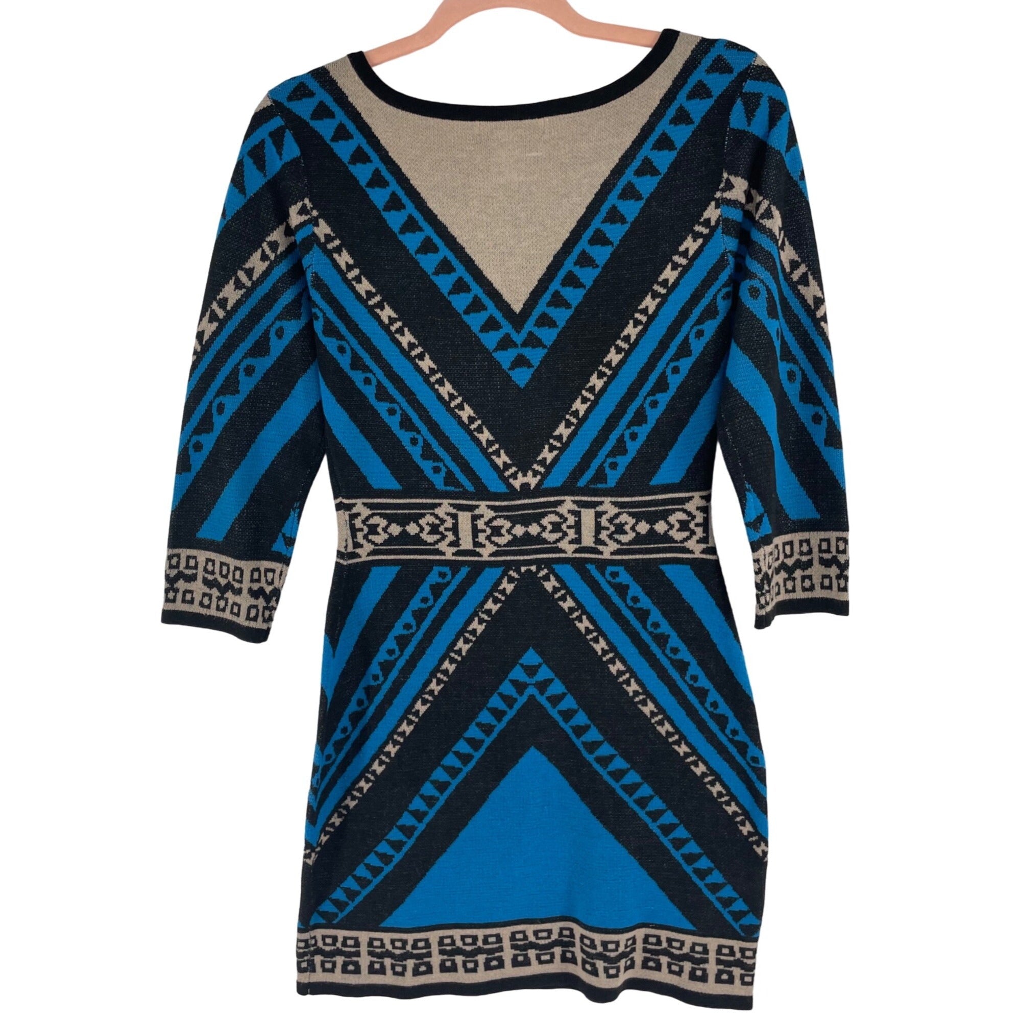 Flying Tomato Women's Size Small Blue/Black/Tan Tribal Print Sweater Dress