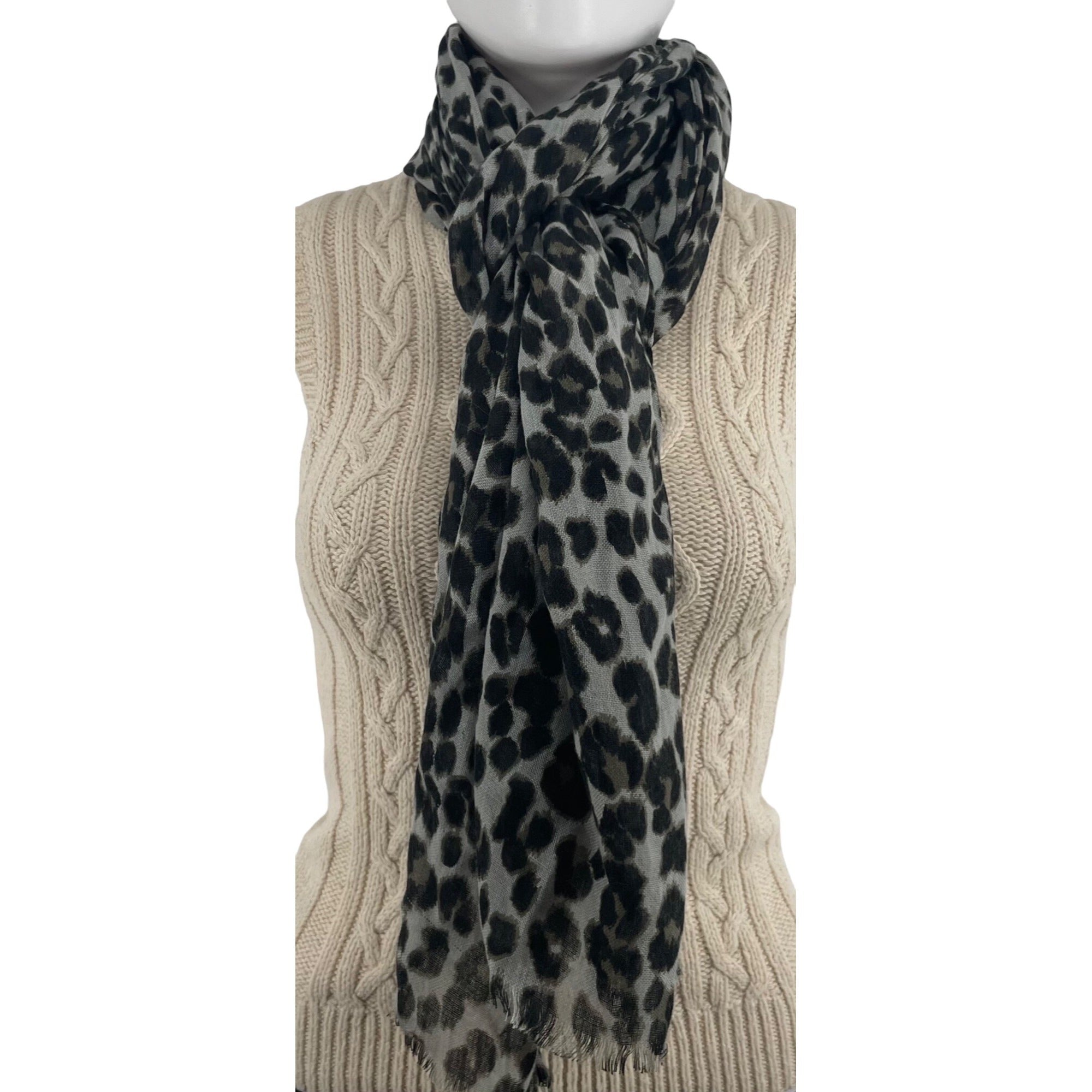Women's Grey, Olive & Black Leopard Print Sheer Scarf W/ Fringe Hem