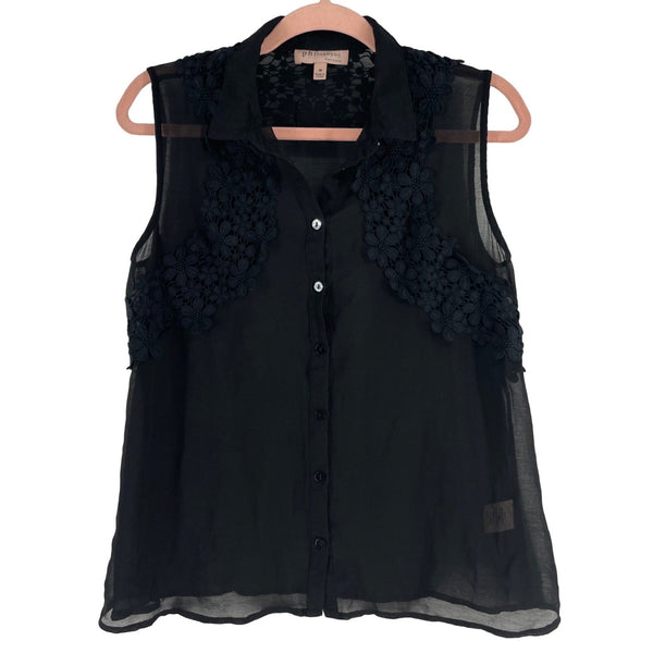 Philosophy Women's Size Medium Black Sleeveless Button-Down Sheer Floral Lace Trim Top