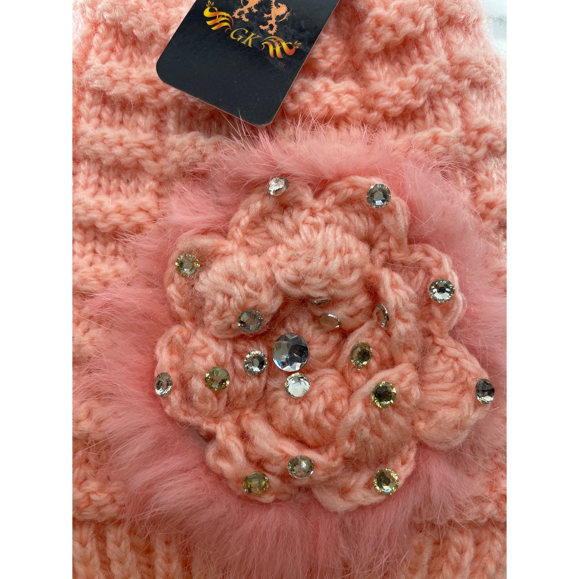 NWT GK Girl's Pink Crochet Beanie W/ Crocheted Flower, Pink Feathers & Rhinestone Embellishment