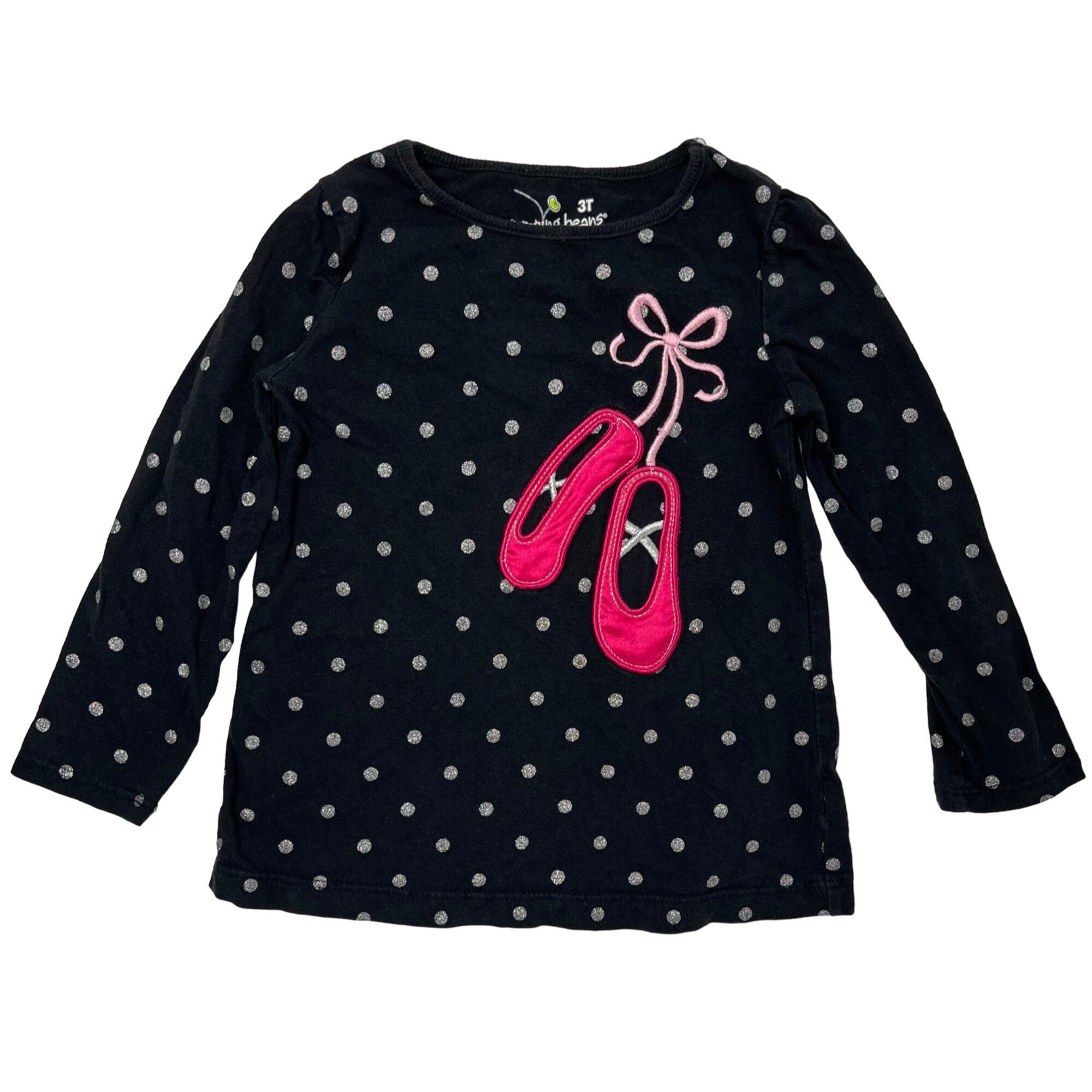 Jumping Beans Girl's 3T Black & White Polka Dot Top W/ Pink Ballet Slipper