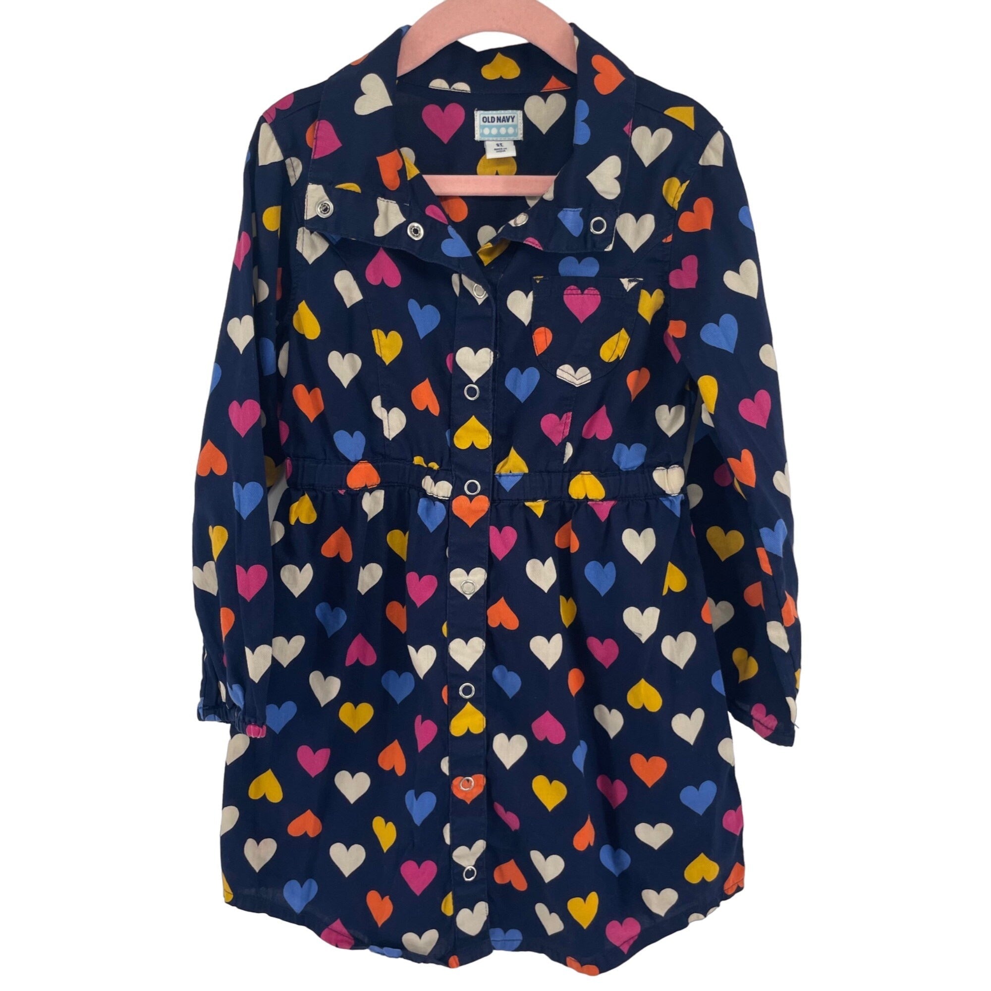 Old Navy Girl's Size 5T Navy Blue & Multi-Colored Heart Print Long-Sleeved Dress