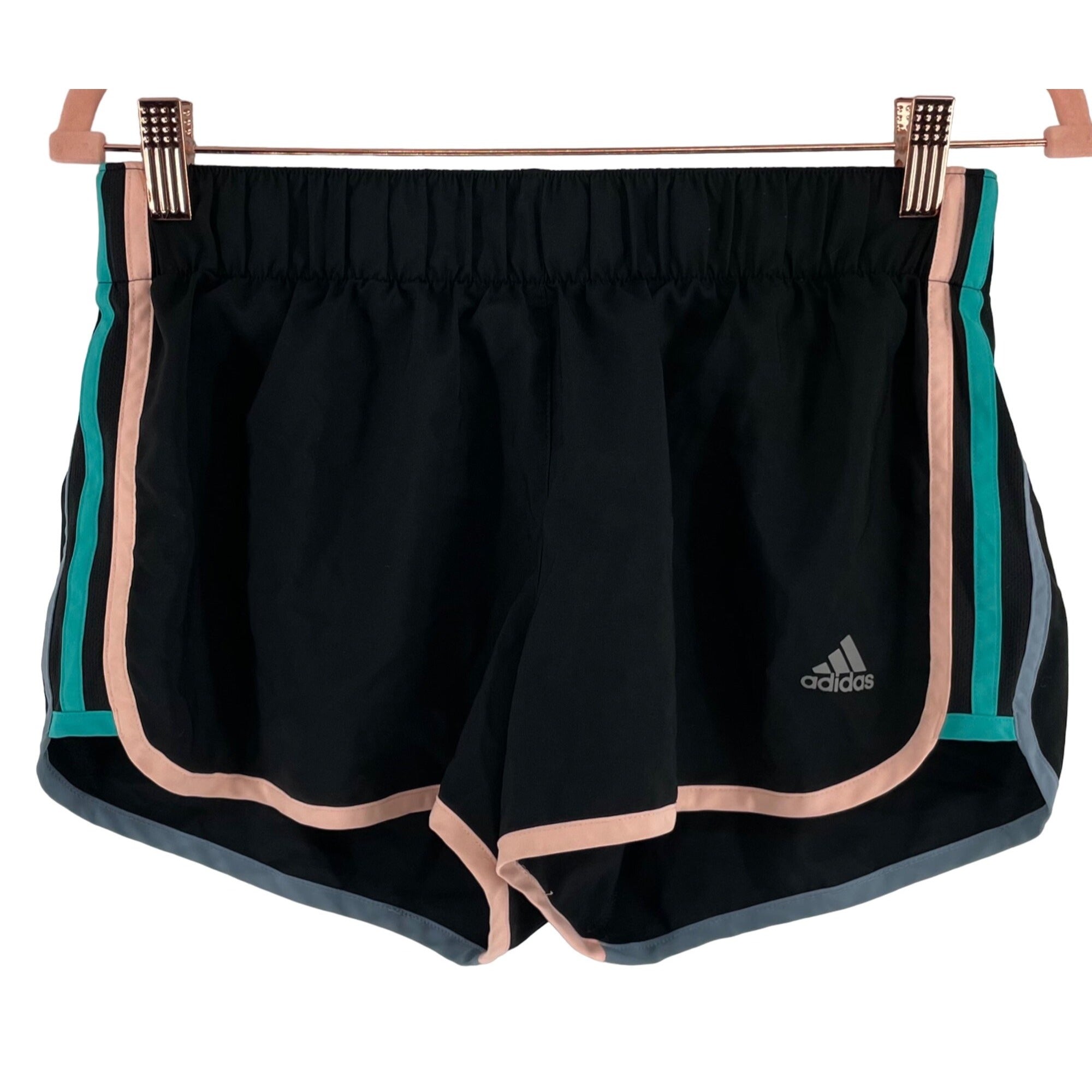 Adidas Women's Size Medium 3" Black Runner Shorts W/ Teal, Blue & Pink Stripe