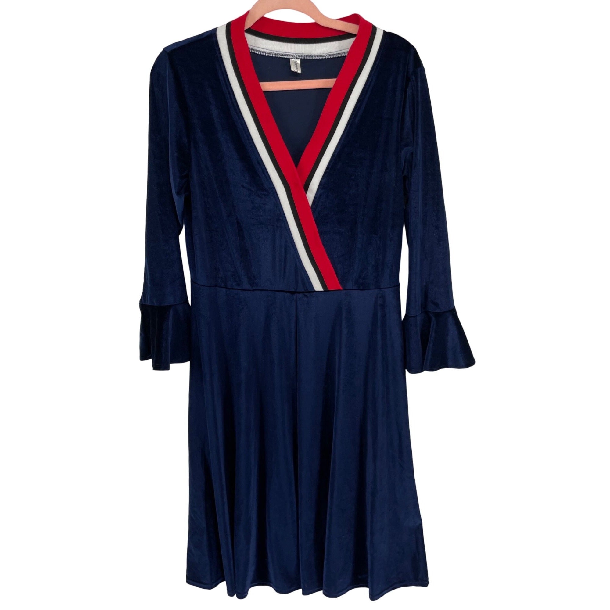 Xing Chenk Aiyi Women's Size Large Navy Blue, Red & White Velvet Dress