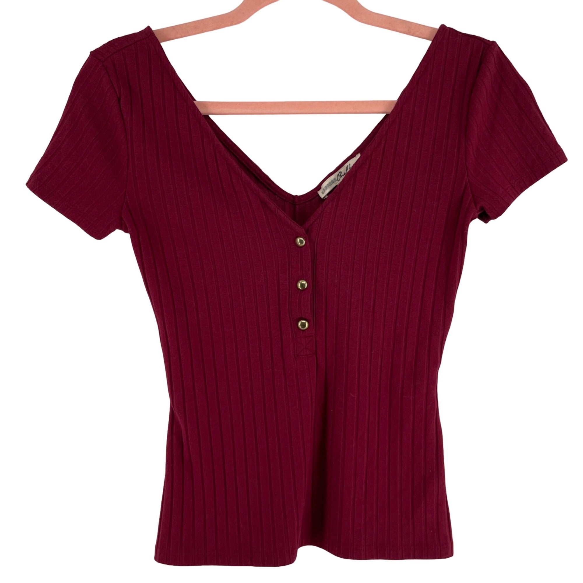 Express Women's Size XS V-Neck Maroon/Burgundy Ribbed Short-Sleeved Shirt