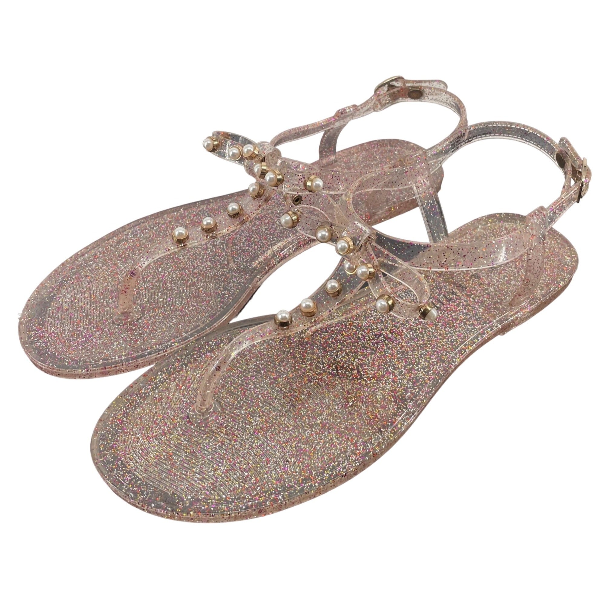 Kelly & Katie Women's Size 8 Camile Sparkly Clear Jelly Pearl Flat Sandals