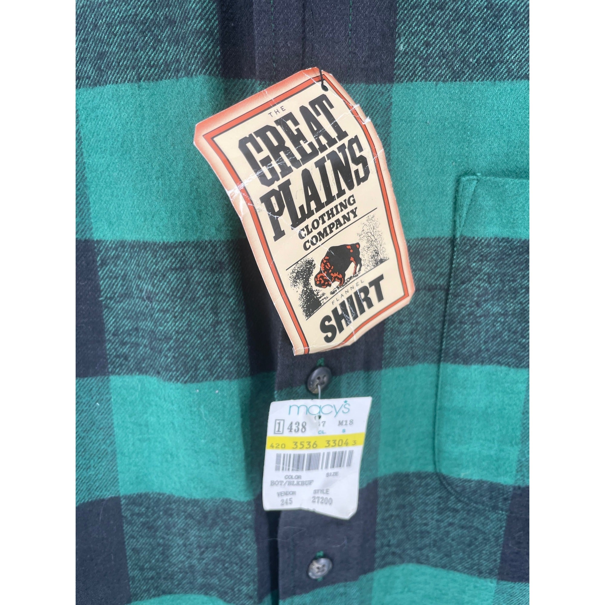 NWT The Great Plains Men's Size XL Green & Black Checkered Plaid Button-Down Flannel Shirt