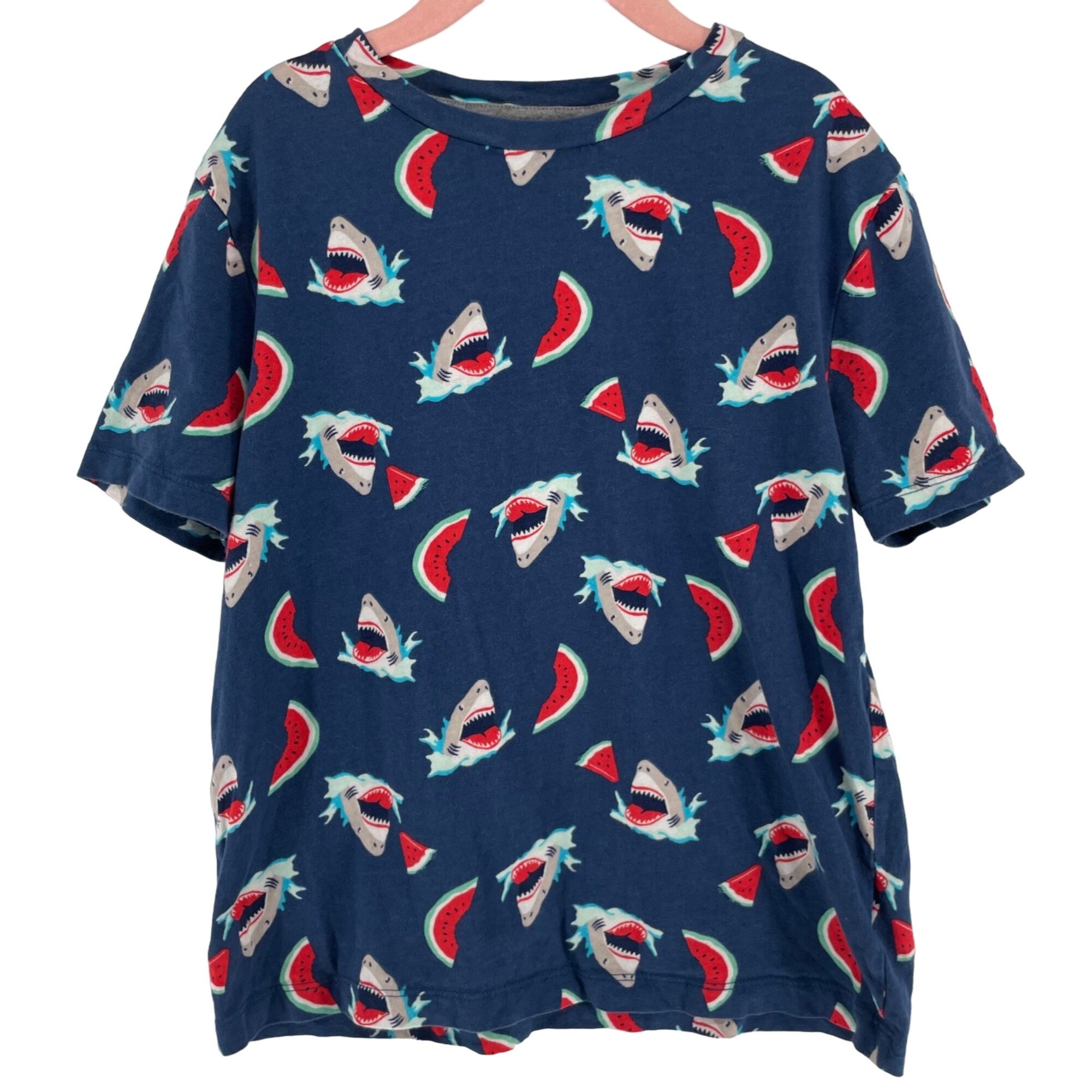 Old Navy Boy's Size Medium (Age 8) Blue, Green, Red, Grey & White Shark Print T-Shirt