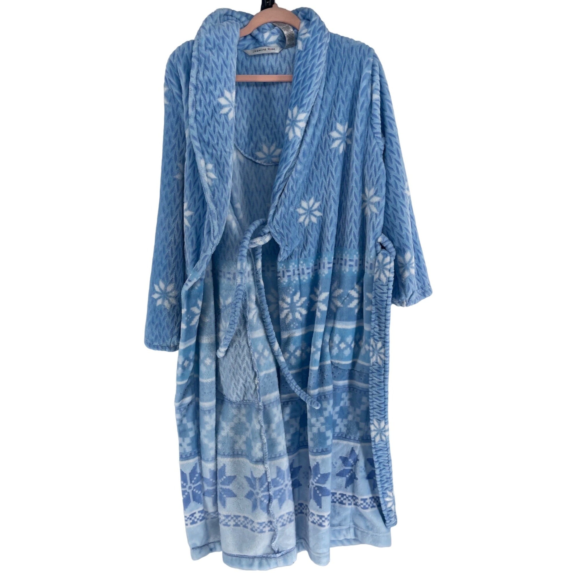 Jasmine Rose Women's Size Medium Blue/White Snowflake Print Plush Bathrobe