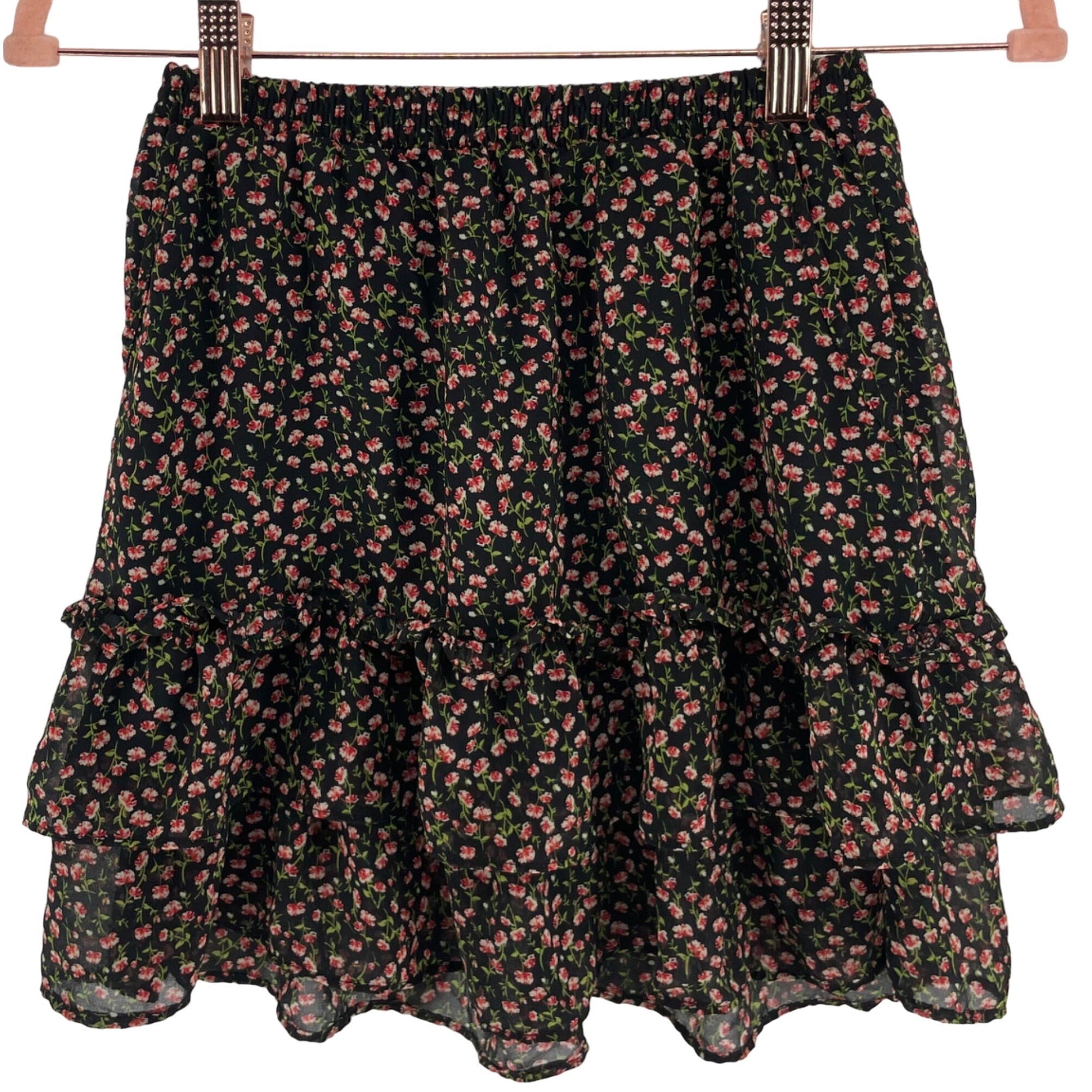 Sienna Sky Women's Size XS Black/Pink/Green Floral Ruffle Mini Skirt