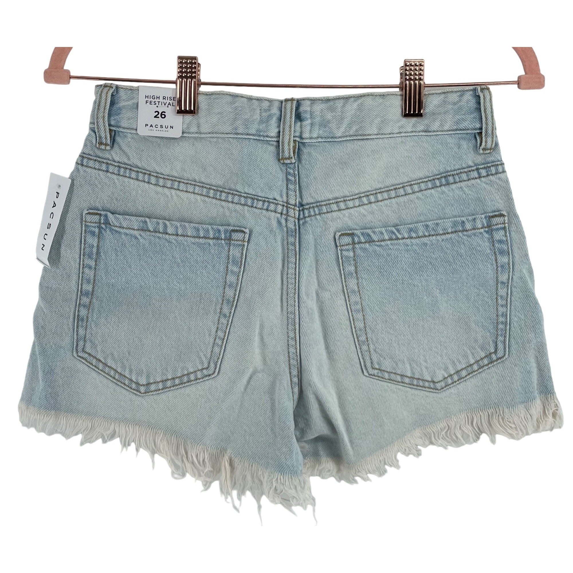 NWT Pacsun Women's Size 26 High Rise Festival Light Wash Denim Shorts W/ Fringe Hem