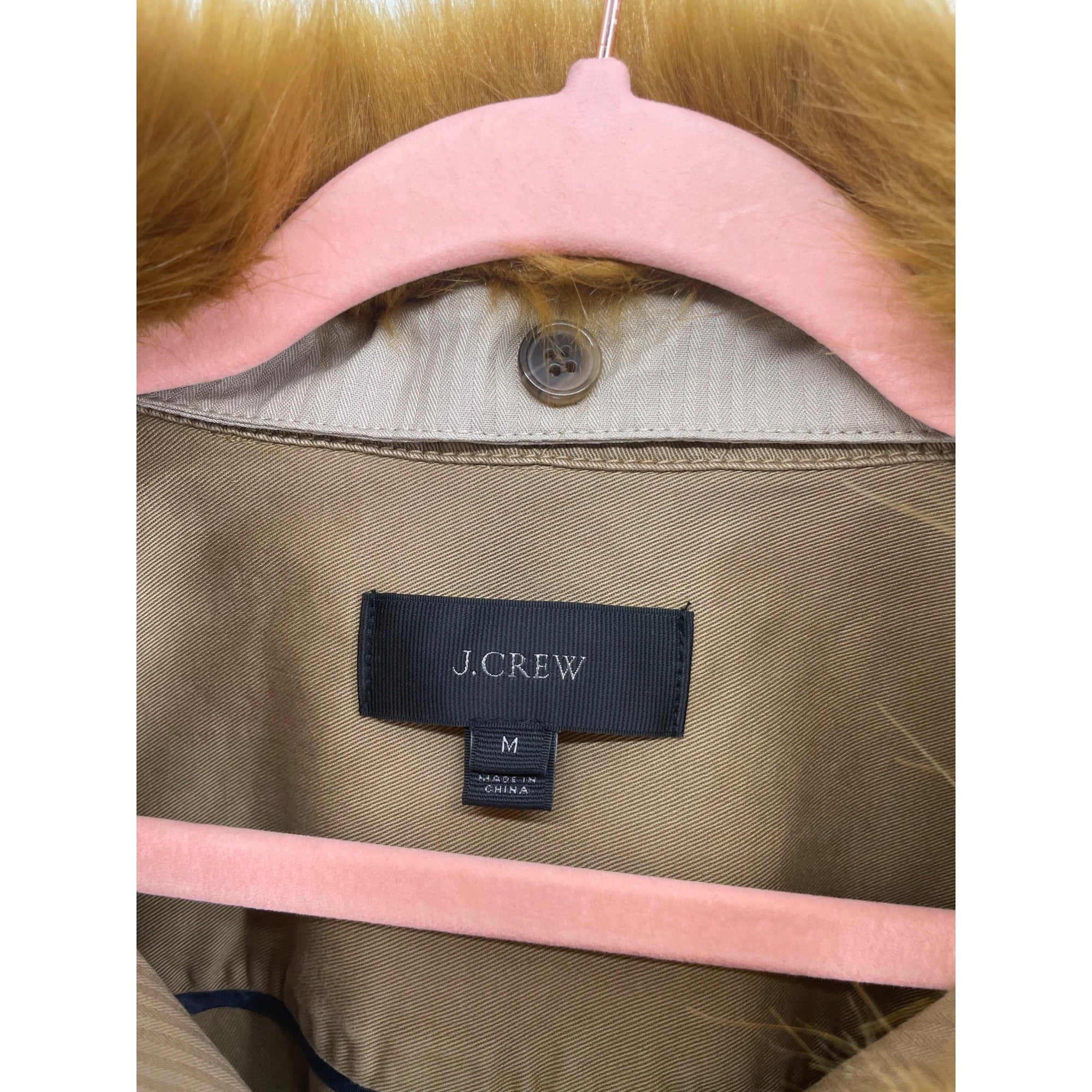 J. Crew Women's Size Medium Short Tan Utility Jacket W/ Orange Faux Fur Collar