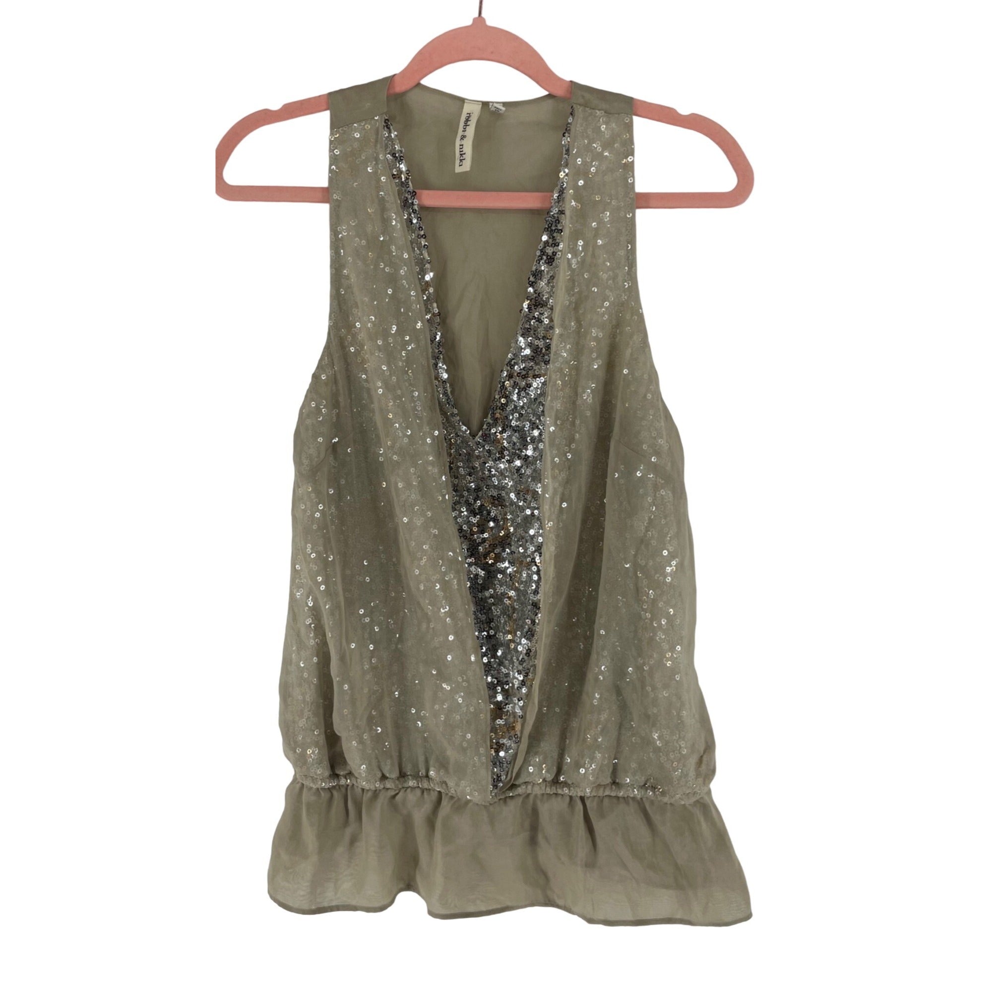 Robbi & Nikki Women’s Size XS Tan Sleeveless Top W/ Silver & Bronze Sequins