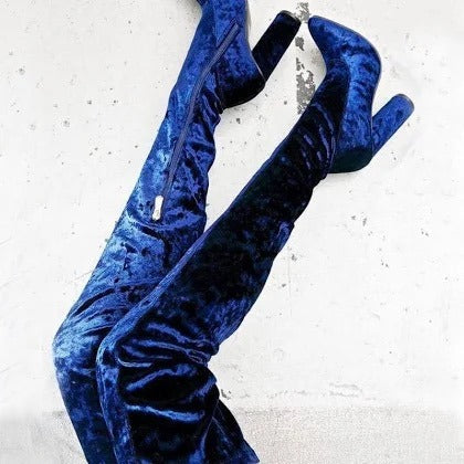 Cape Robbin Women's Size 7.5 Cobalt Blue Crushed Velvet Over-The-Knee 4.5" Boots