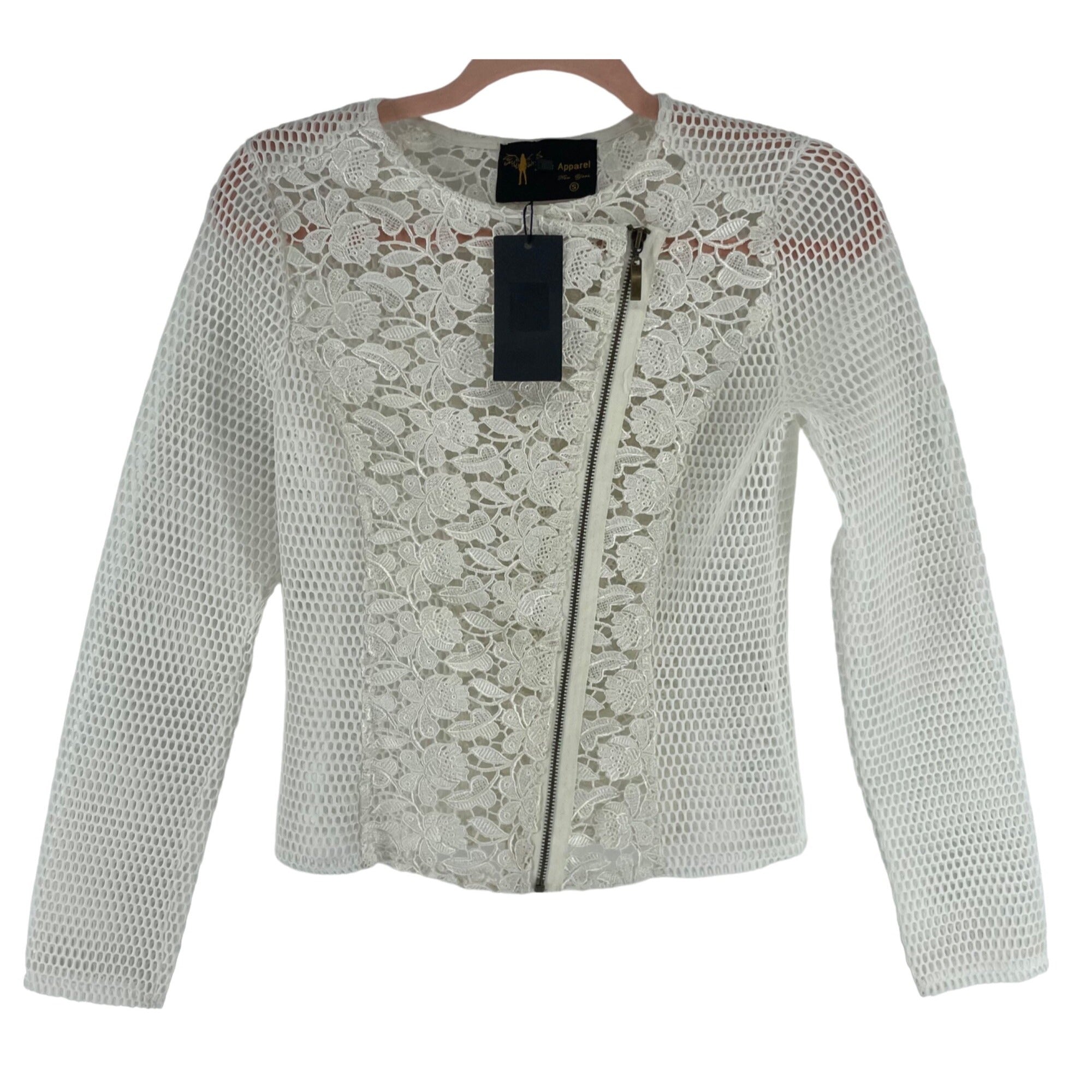 NWT Eros Apparel WOmen's Size Small White Floral Lace Mesh Jacket