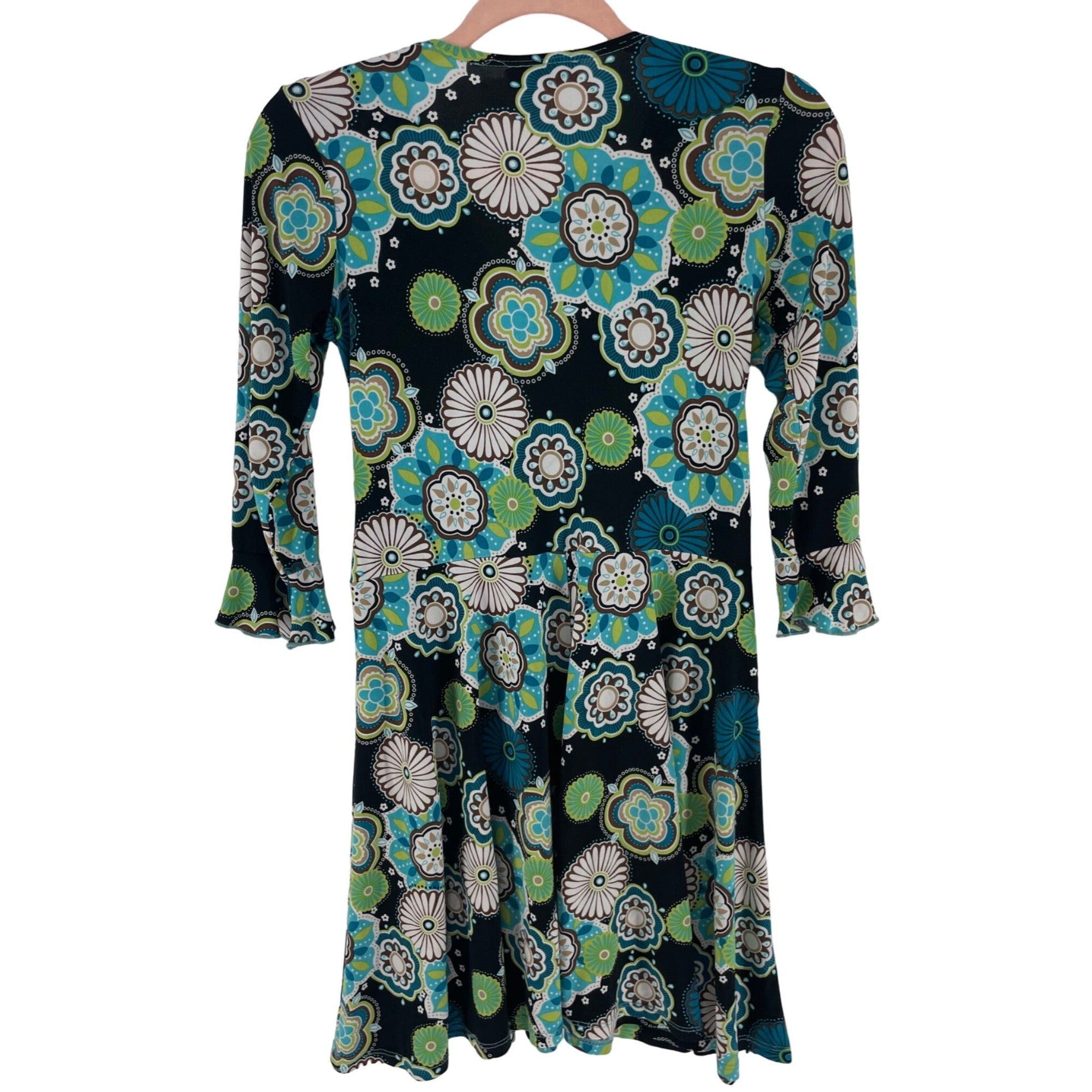 My Michelle Girl's Size 14 Aqua, Black/White/Brown Floral Ruffle Sleeve Dress