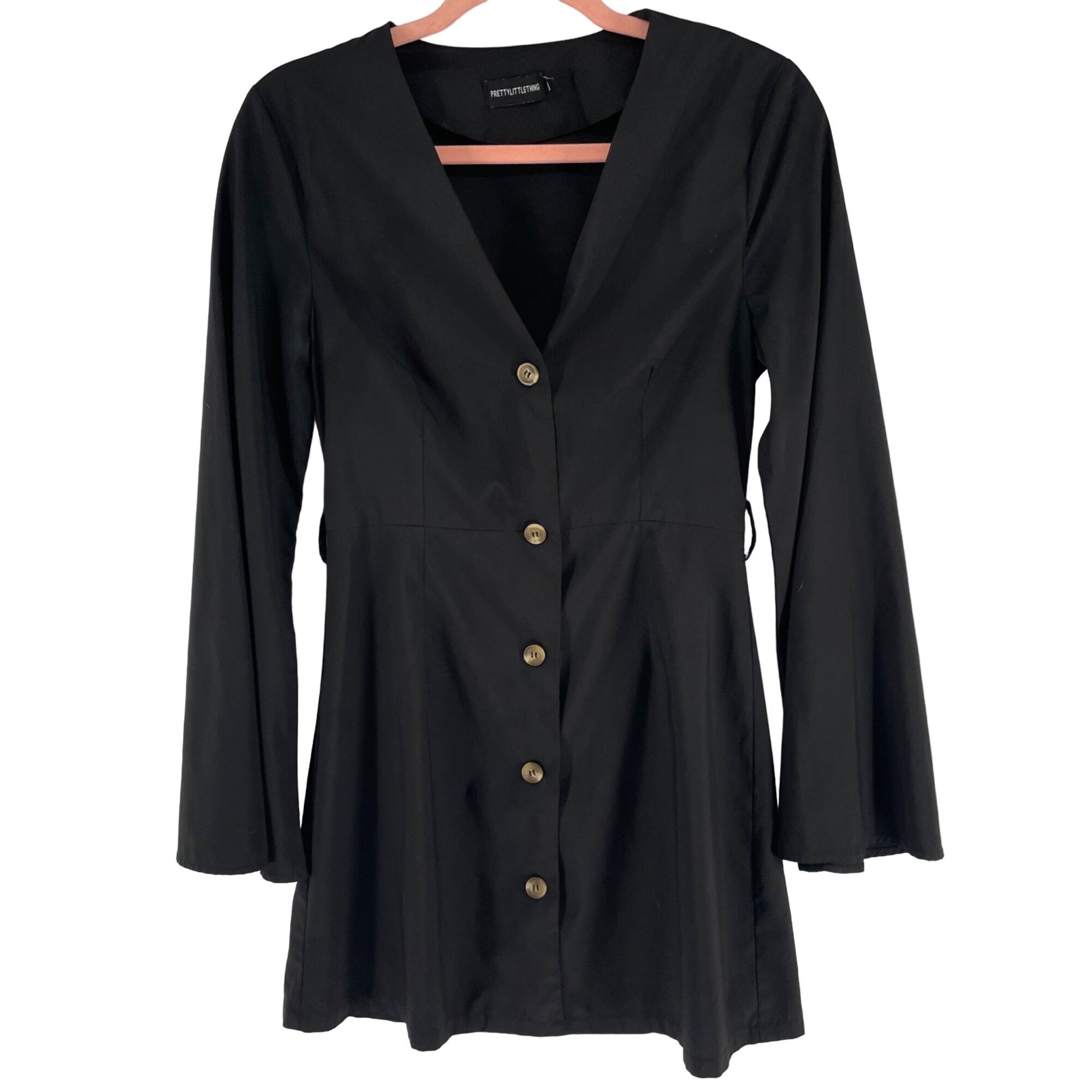 Pretty Little Thing Women's Size 8 Black Long-Sleeved V-Neck Button-Down Dress W/ Sash