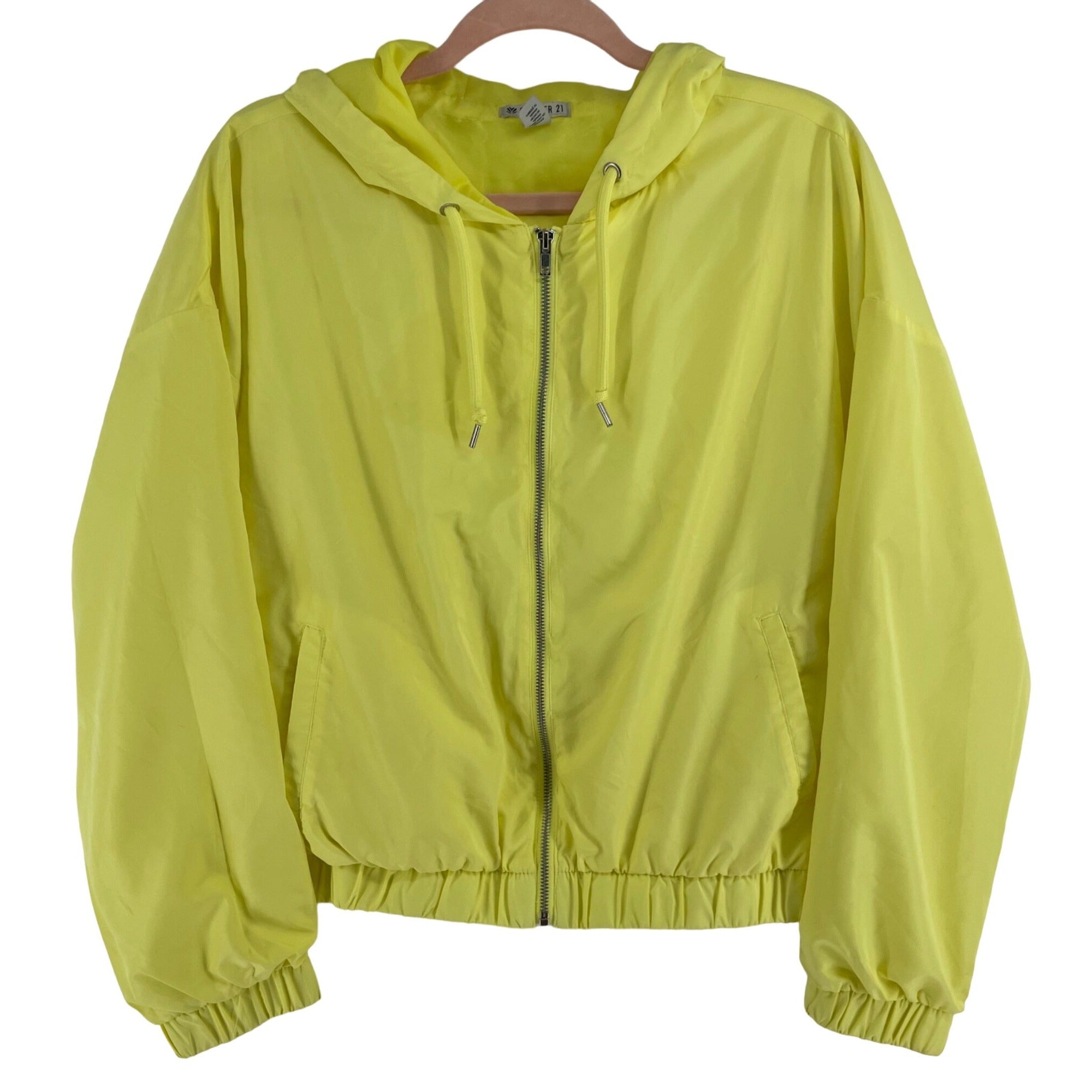 Forever 21 Women's Size Medium Neon Yellow Lightweight Zip-Up Windbreaker Hoodie Jacket