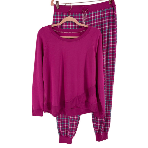 NWOT Muk Luks Women's Size Large Fuchsia Long-Sleeved Top & Plaid Pants Pajama Set