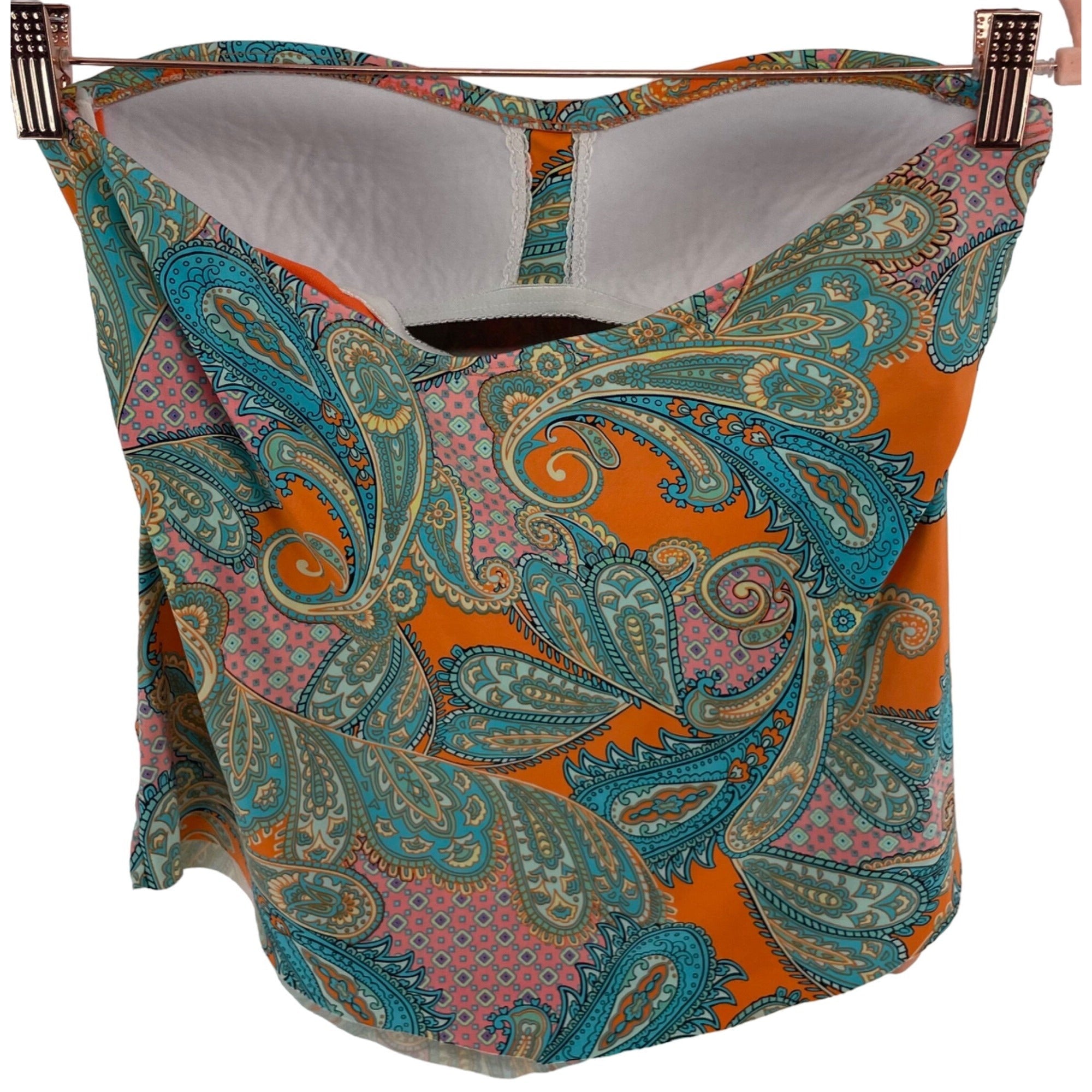 A.N.A Women's Size 8 Teal, Coral Pink & Orange Paisley Print Sleeveless Swimsuit Top