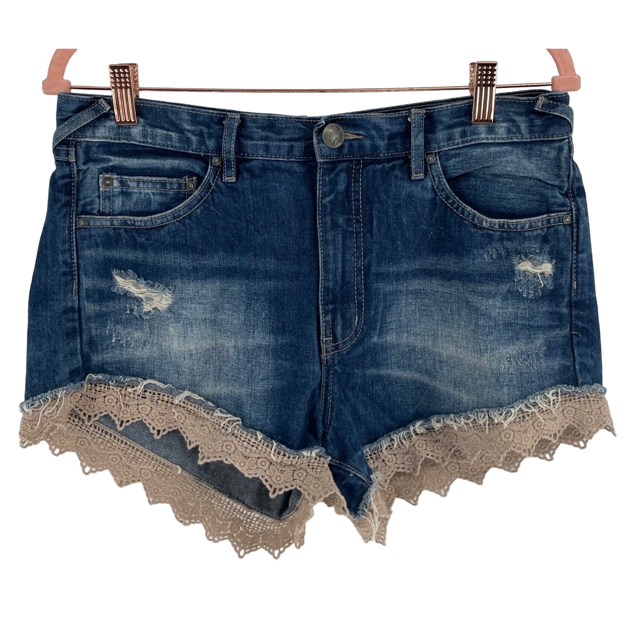 Free People Women's Size W 28 Distressed Blue Jean Denim Shorts W/ Lace Hem