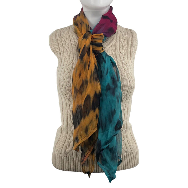 Women's Multi-Colored Orange/Fuchsia/Teal/Black Sheer Lightweight Leopard Print Scarf