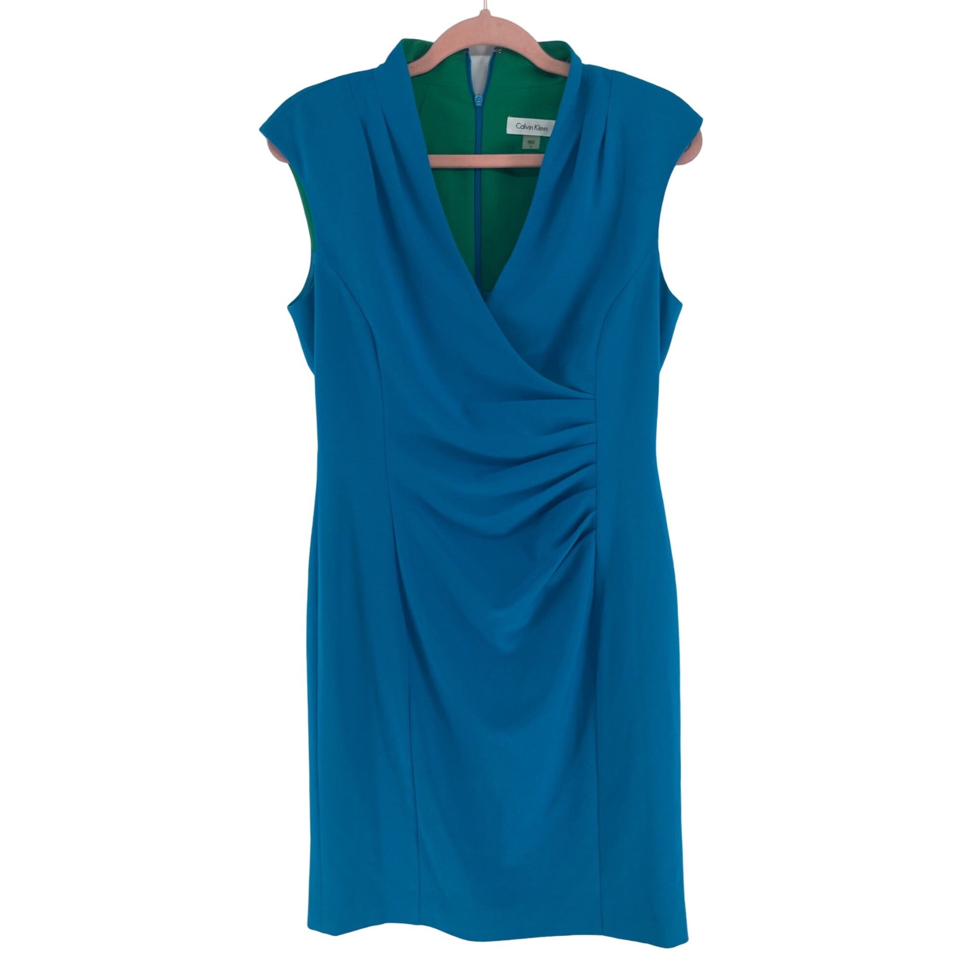 Calvin Klein Women's Size 8 Cerulean Blue & Green Sleeveless V-Neck Sheath Dress