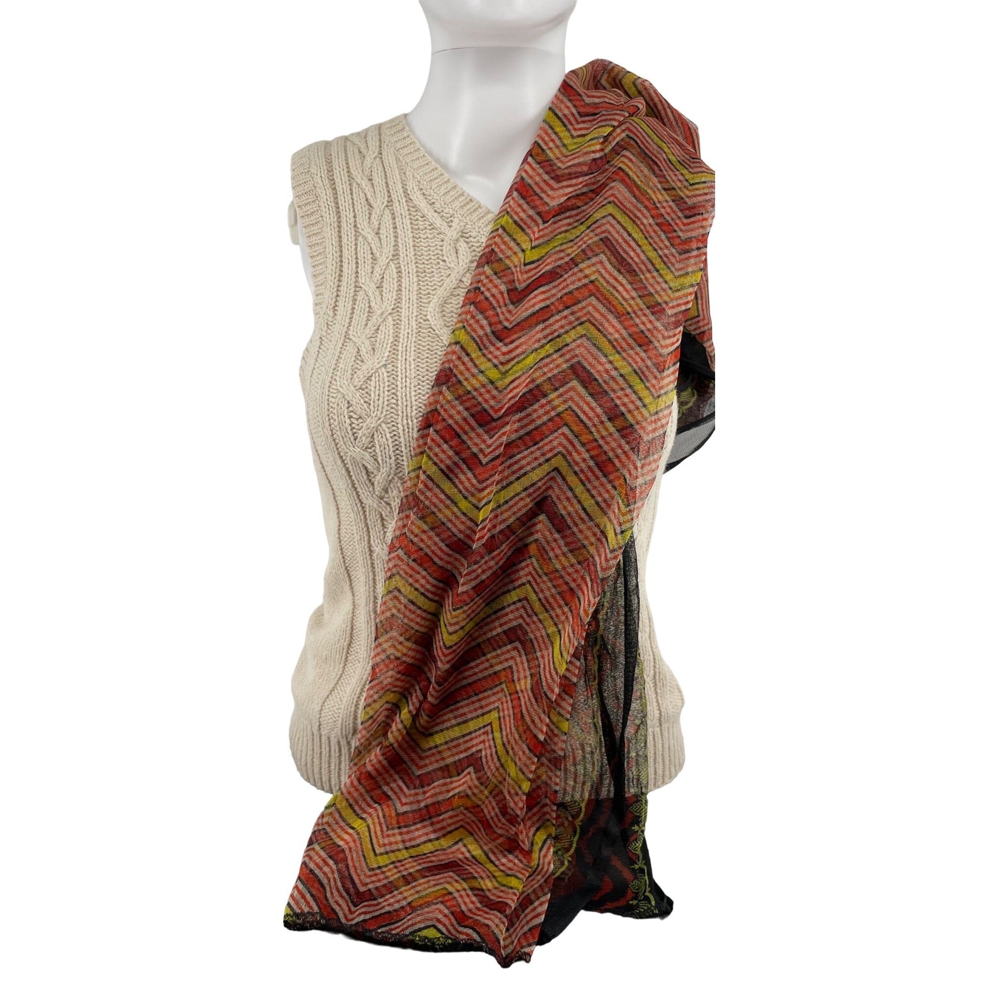 Women's Orange, Yellow, Black & White Sheer Striped Chevron Scarf