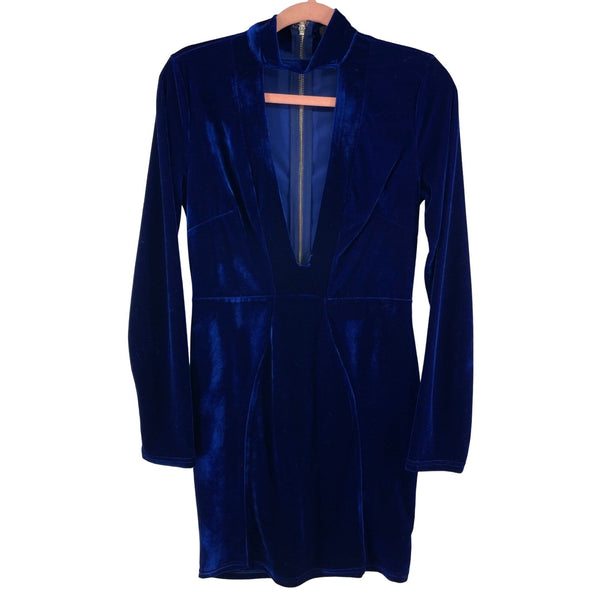 Privy Women's Size Large Royal Blue Velour Long-Sleeved Deep V-Neck Bodycon dress W/ Collar