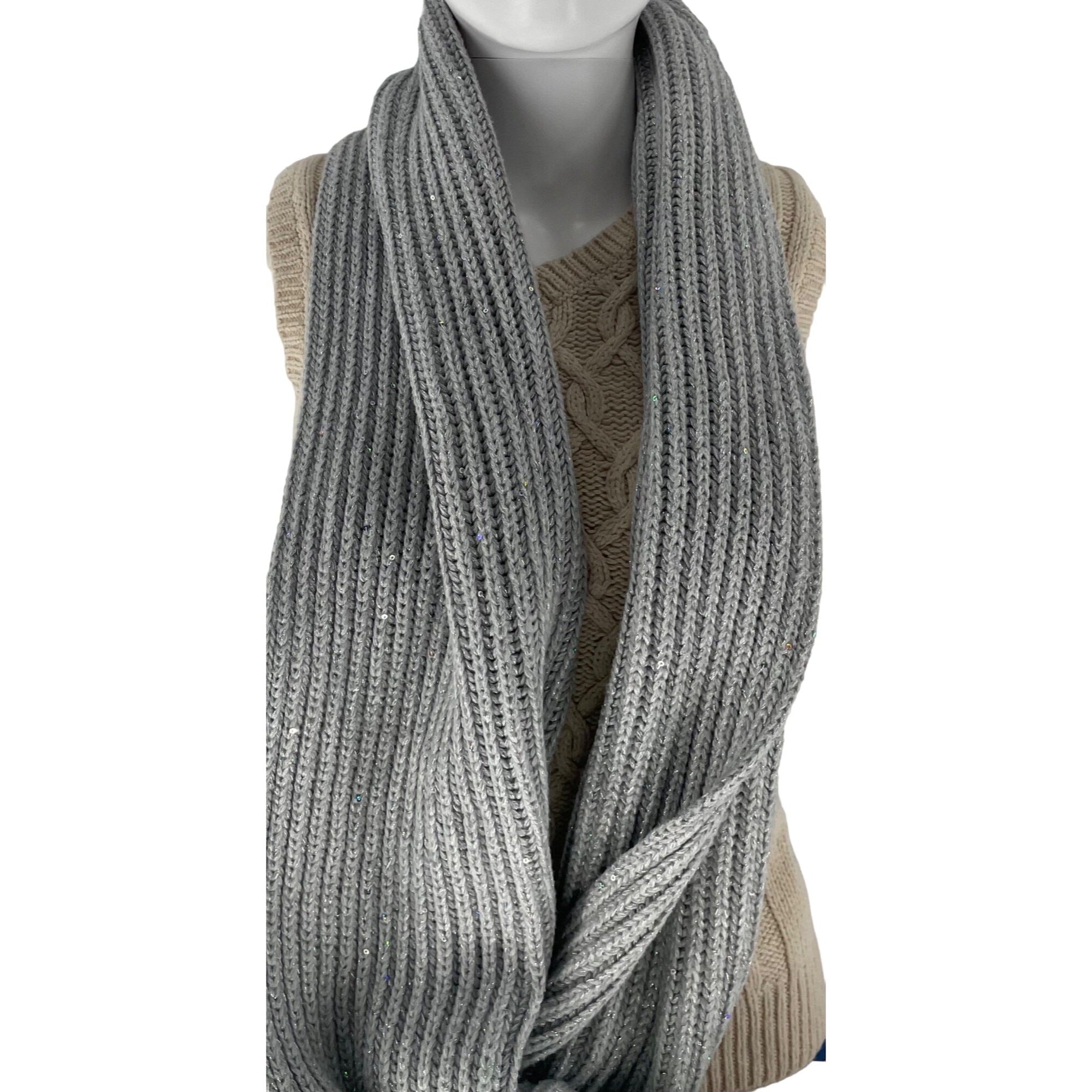 Express Women's Sparkly Grey Knit Scarf W/ Silver Sequins