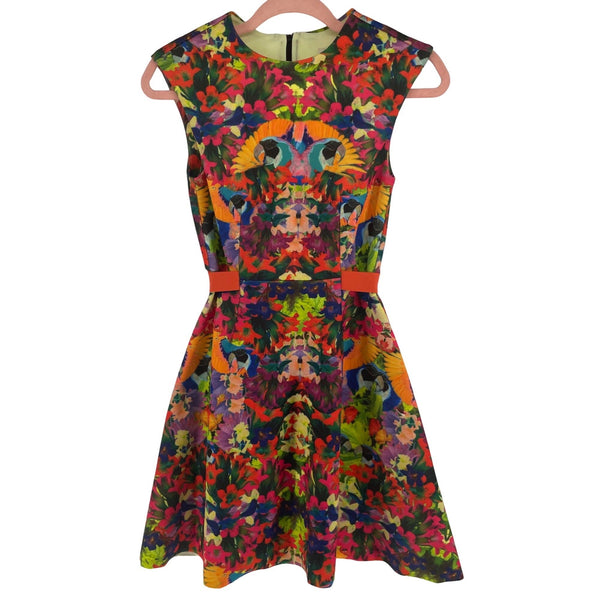 H&M Women's Size 2 Sleeveless Multi-Colored Tropical Print A-Line Dress W/ Belt