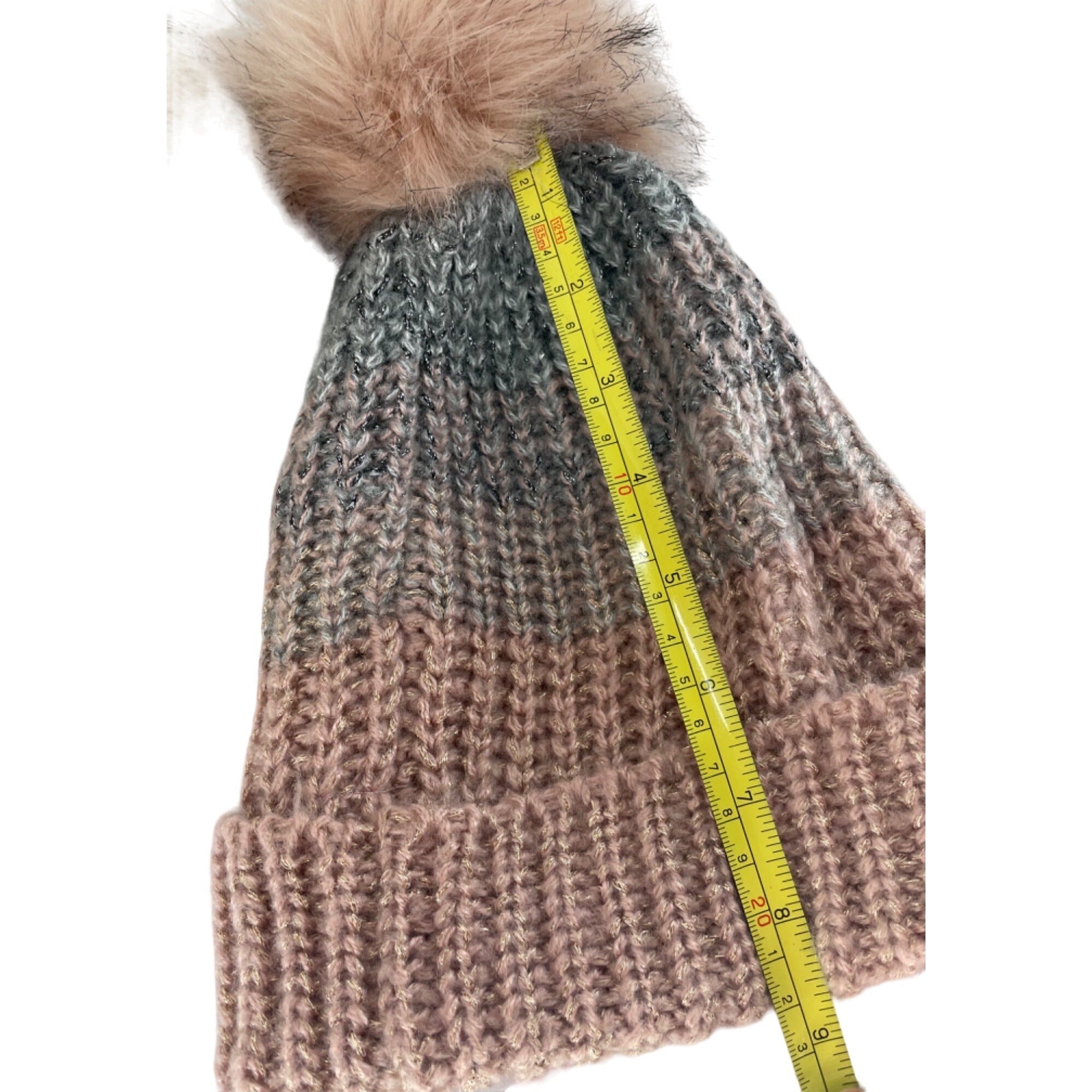 Next Women's Pink and Silver Sparkly Faux Fur Pom Pom Knit Beanie